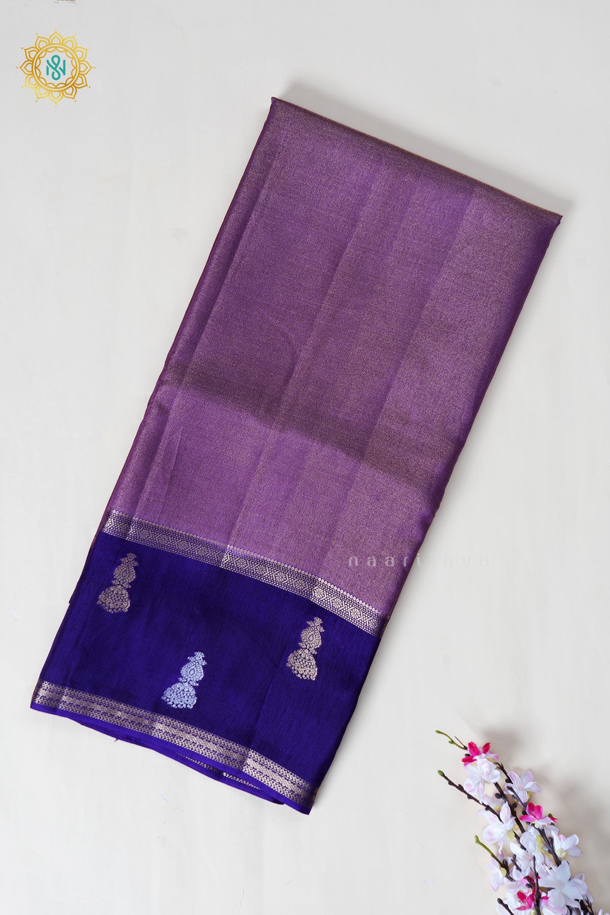 Lavender With Purple Semi Crepe Silk Saree with Tissue Body & Zari Jhumka Buttas on Contrast Border