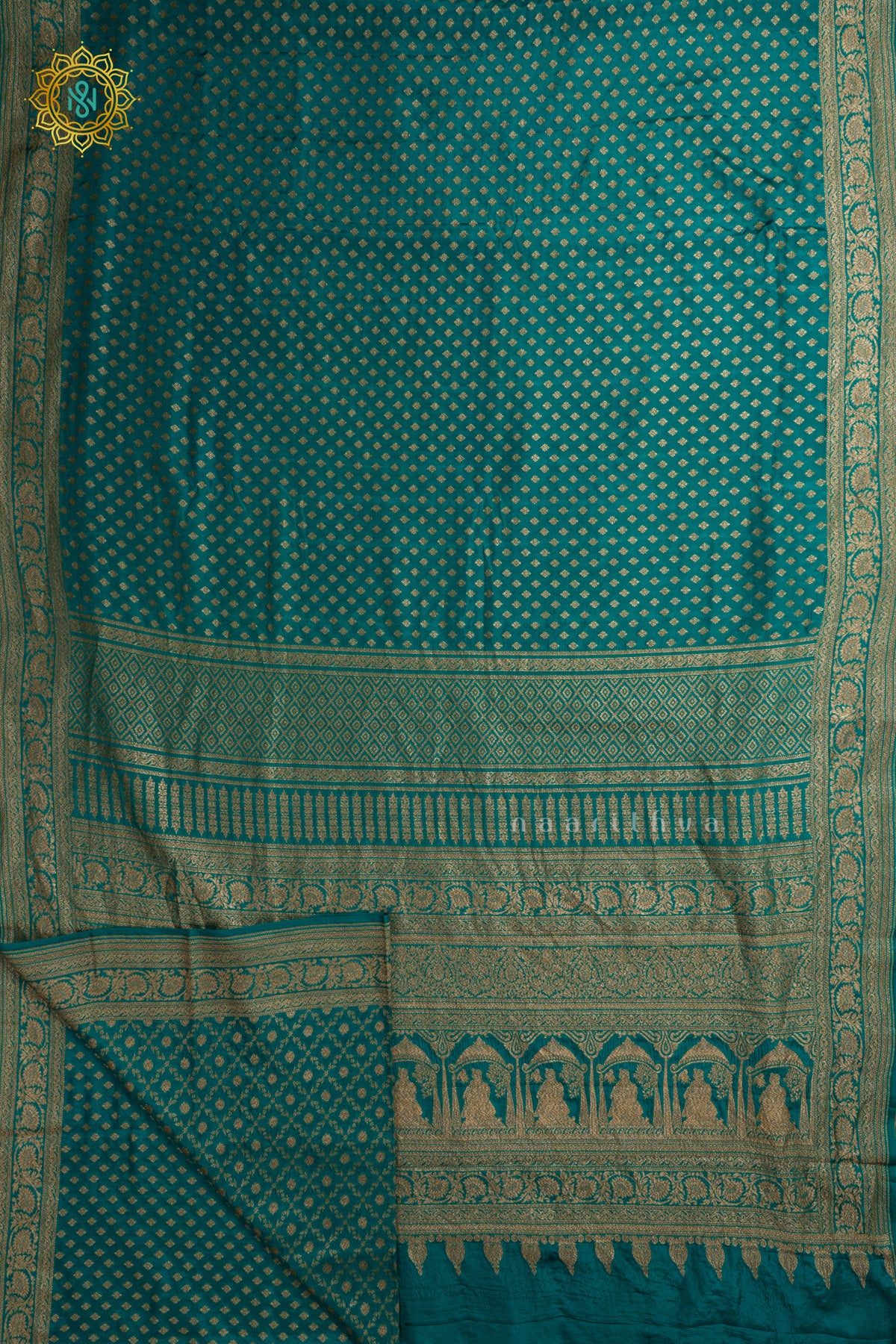 Cyan Green Pure Banrasi Crepe Silk Allover Zari Buttas On The Body With Contrast Zari Border & Pallu