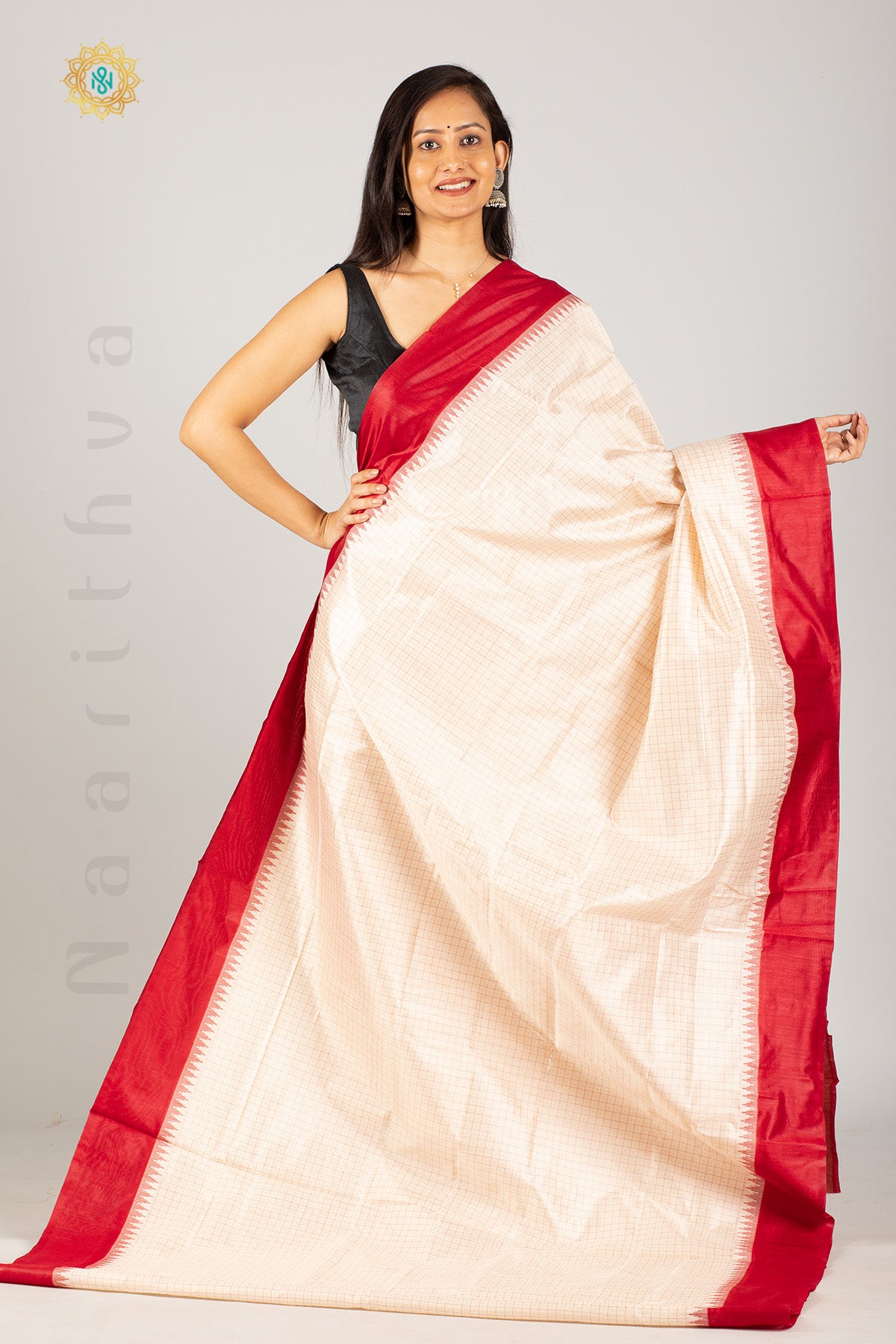 OFF WHITE WITH RED - SEMI RAW SILK WITH ZARI WEAVING & CONTRAST TEMPLE BORDER