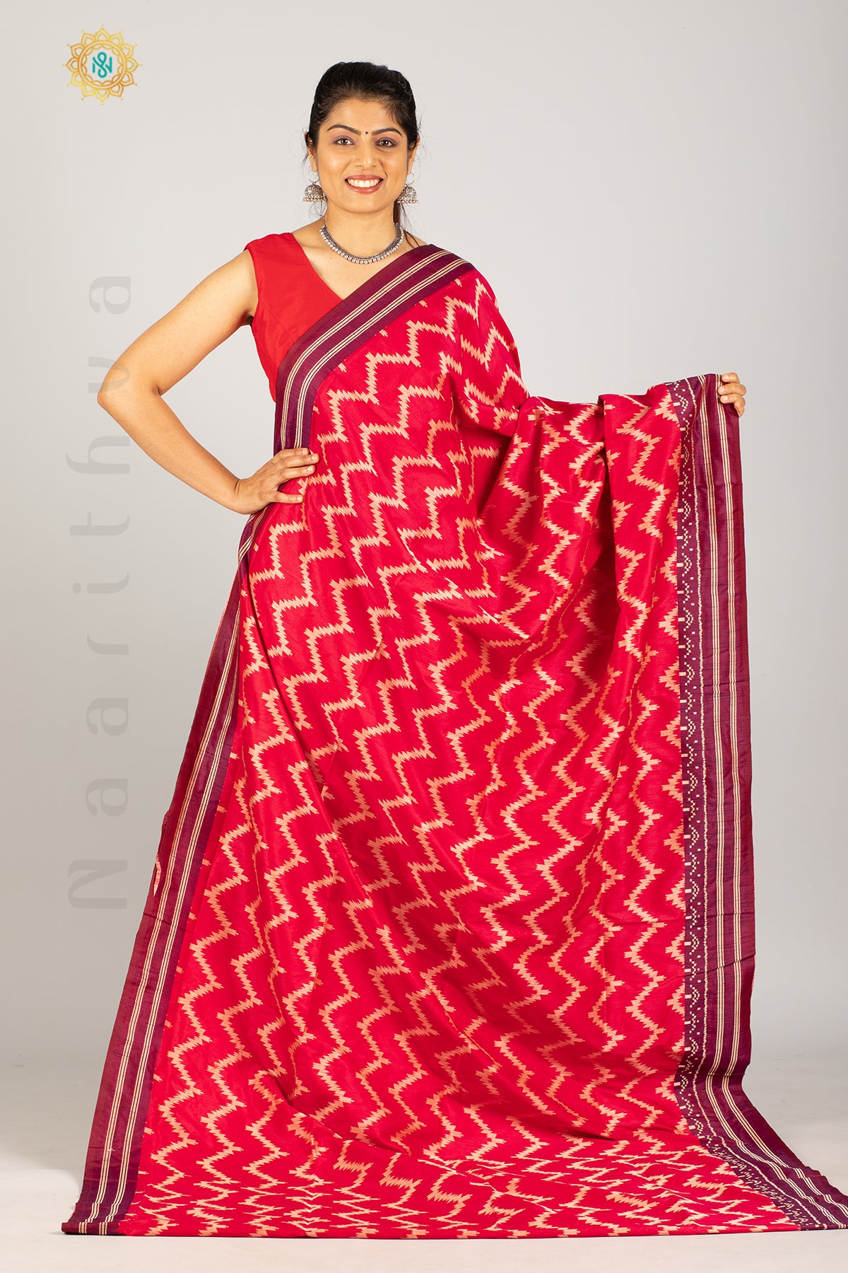 REDDISH PINK WITH MAGENTA - SEMI RAW SILK WITH THREAD WOVEN IKAT WEAVES & CONTRAST BORDER