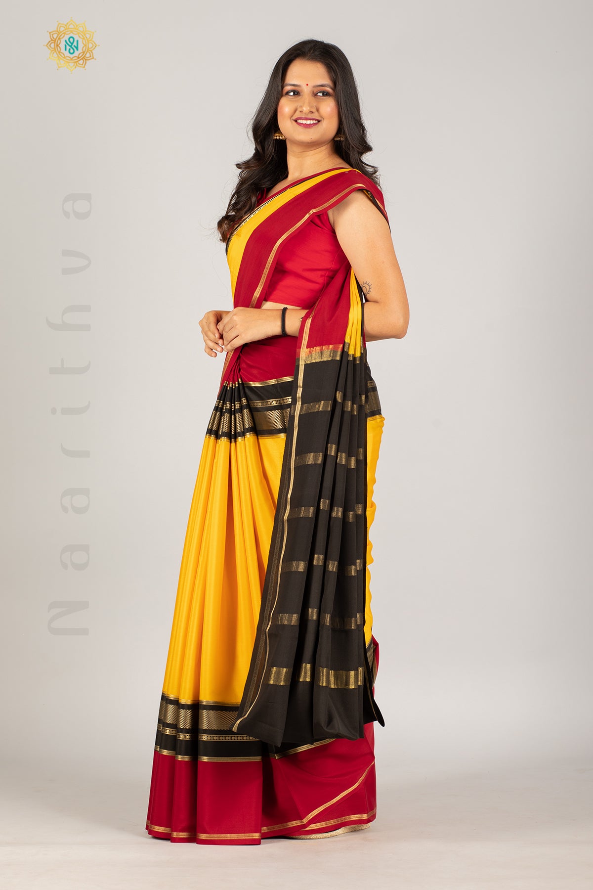 YELLOW BLACK WITH MAROON - PURE MYSORE CREPE SILK IN 3 D PATTERN