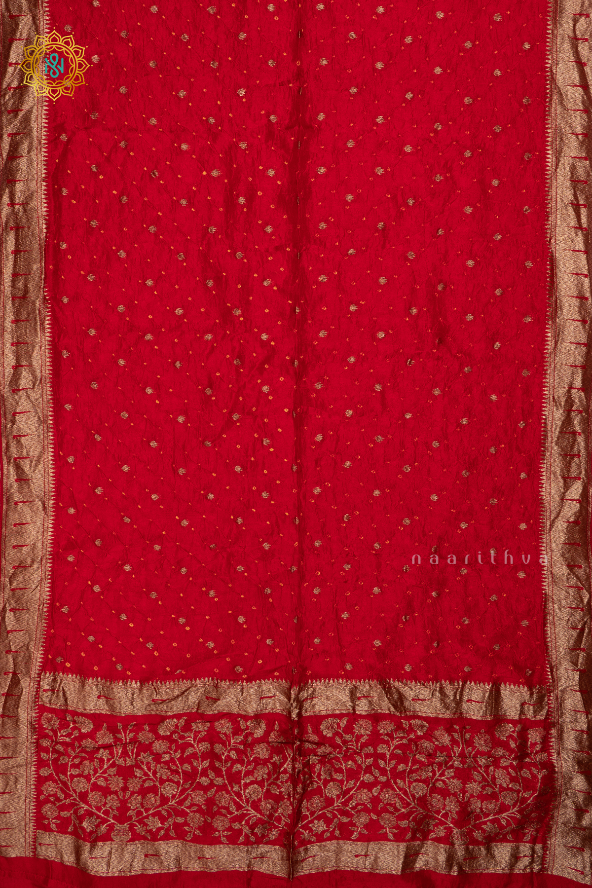 Red Semi Tussar Silk Saree With Tie and Dye Bandini