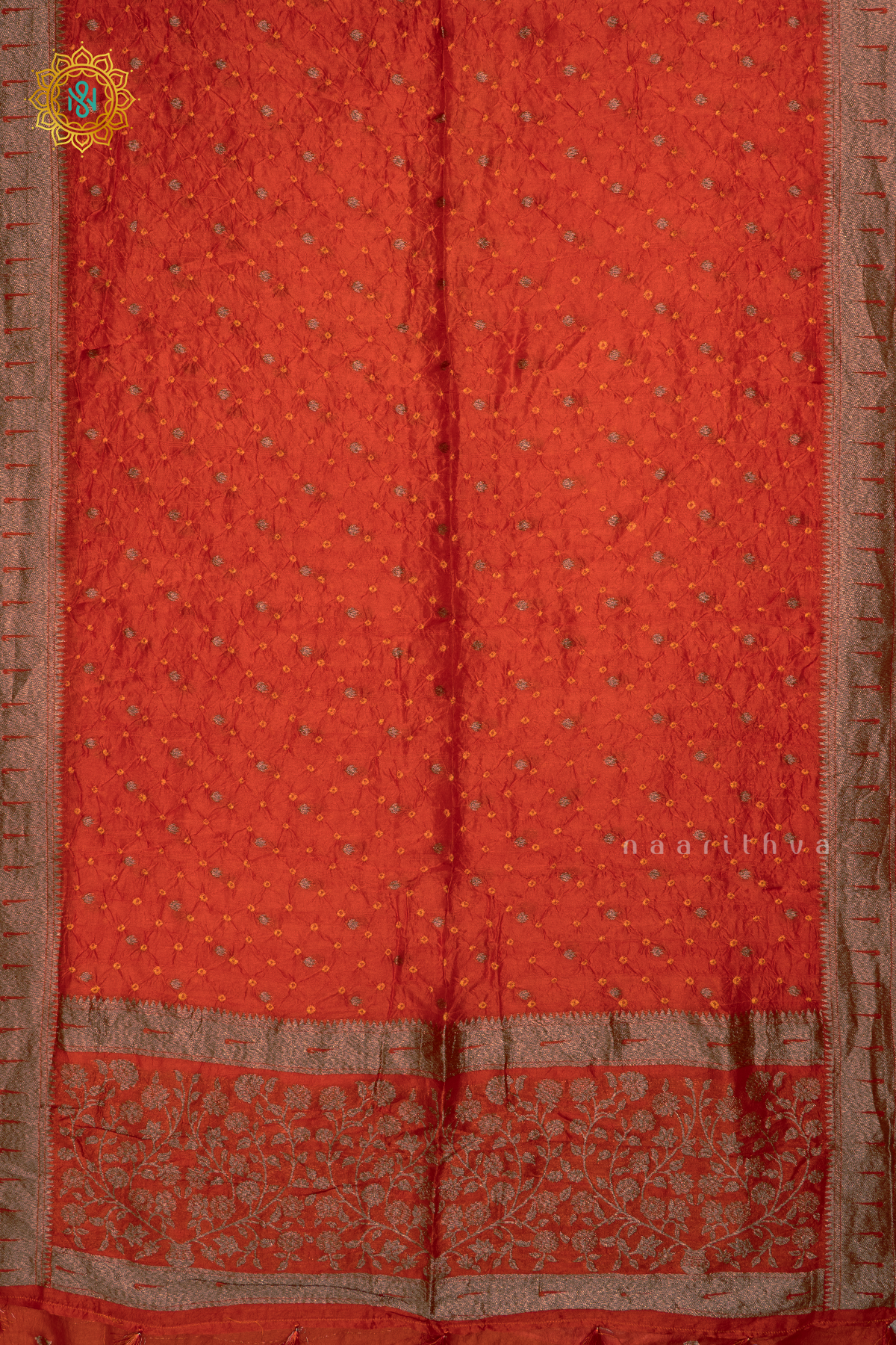 Orange Semi Tussar Silk Saree With Tie and Dye Bandini