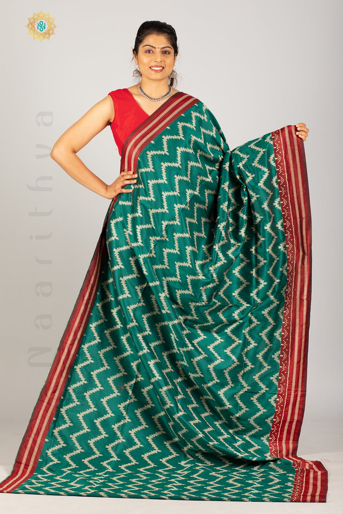 GREEN WITH MAROON - SEMI RAW SILK WITH THREAD WOVEN IKAT WEAVES & CONTRAST BORDER