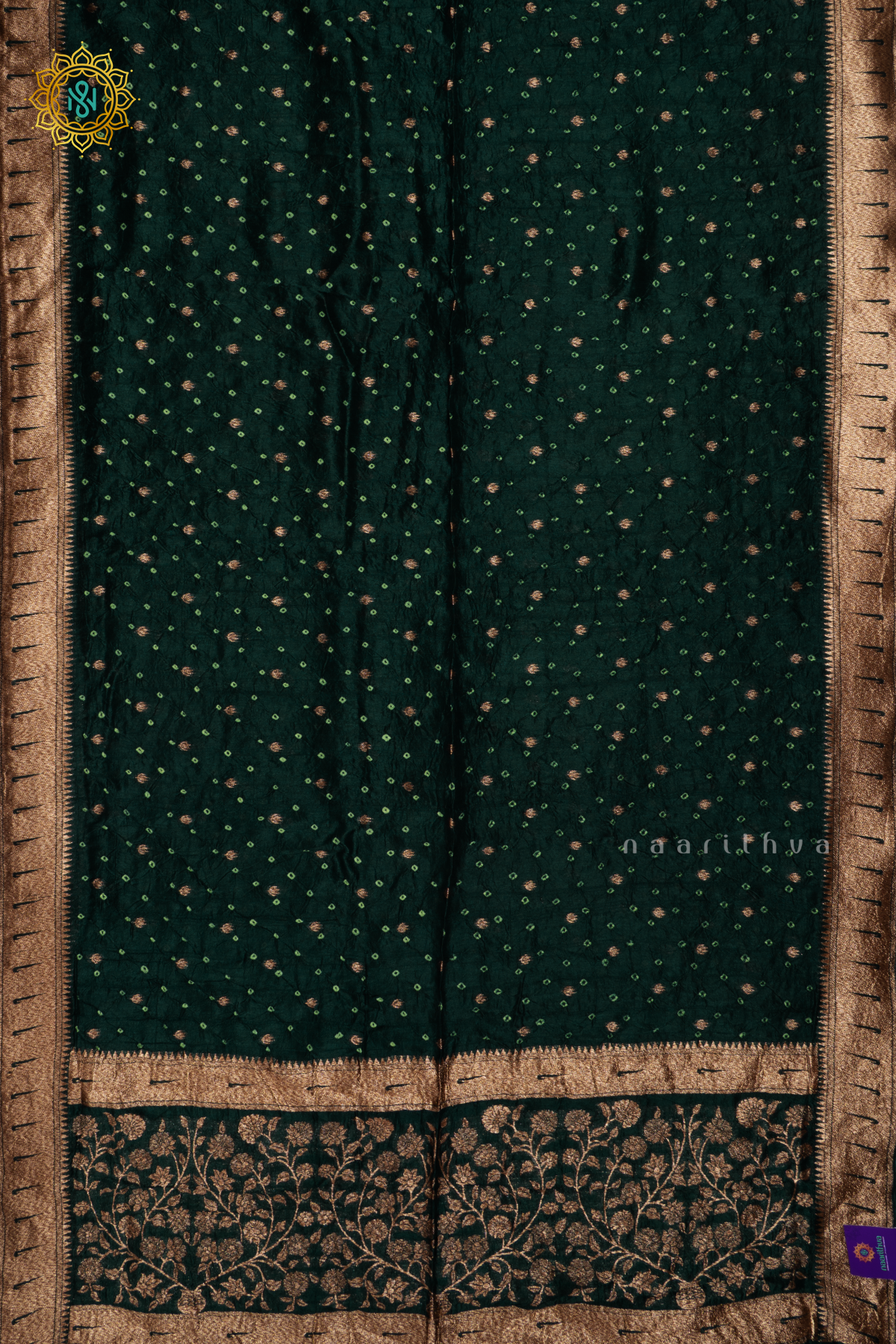 Bottle Green Semi Tussar Silk Saree With Tie and Dye Bandini