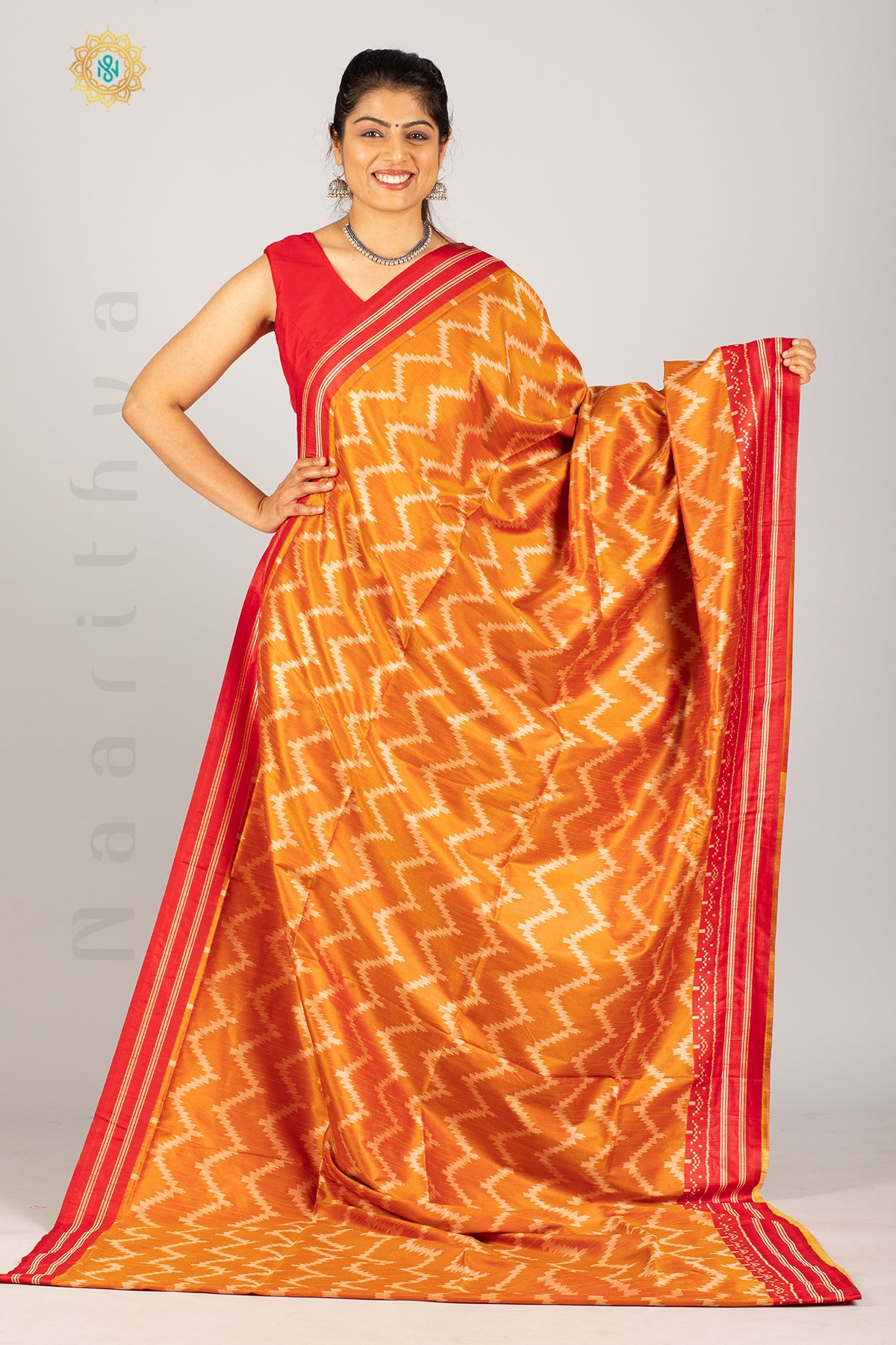 MUSTARD WITH RED - SEMI RAW SILK WITH THREAD WOVEN IKAT WEAVES & CONTRAST BORDER