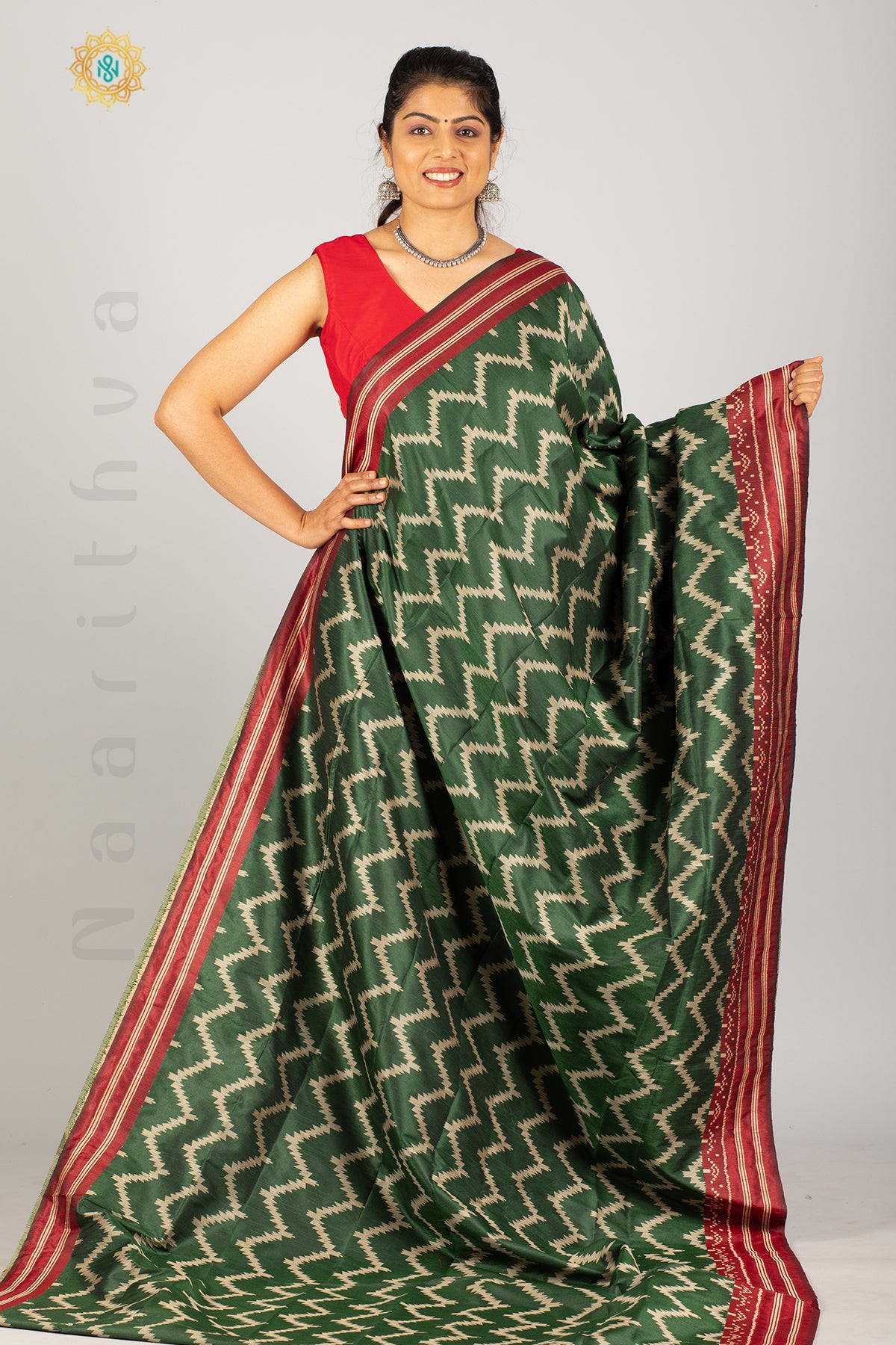 GREEN WITH MAROON - SEMI RAW SILK WITH THREAD WOVEN IKAT WEAVES & CONTRAST BORDER