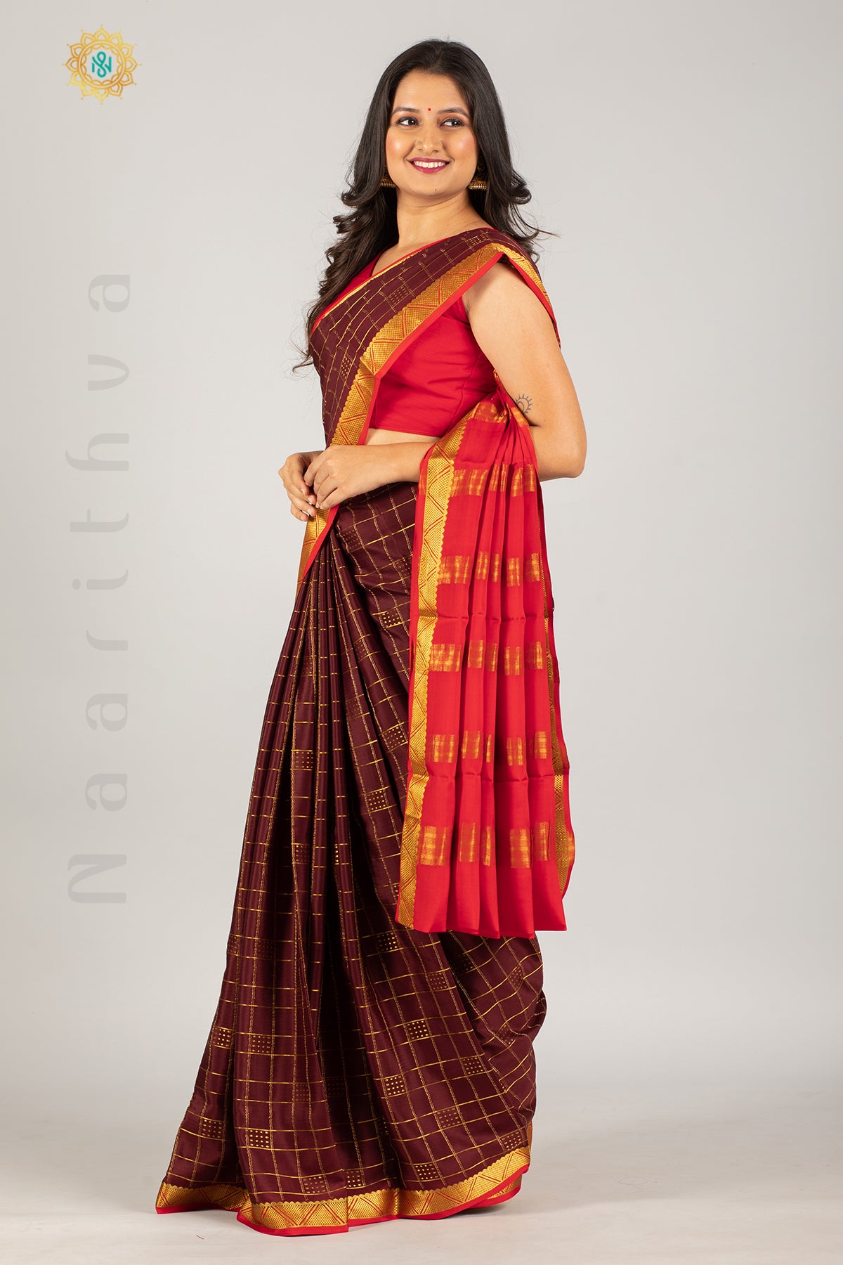 BROWN WITH RED - MYSORE CREPE SILK WITH CHECKS PATTERN