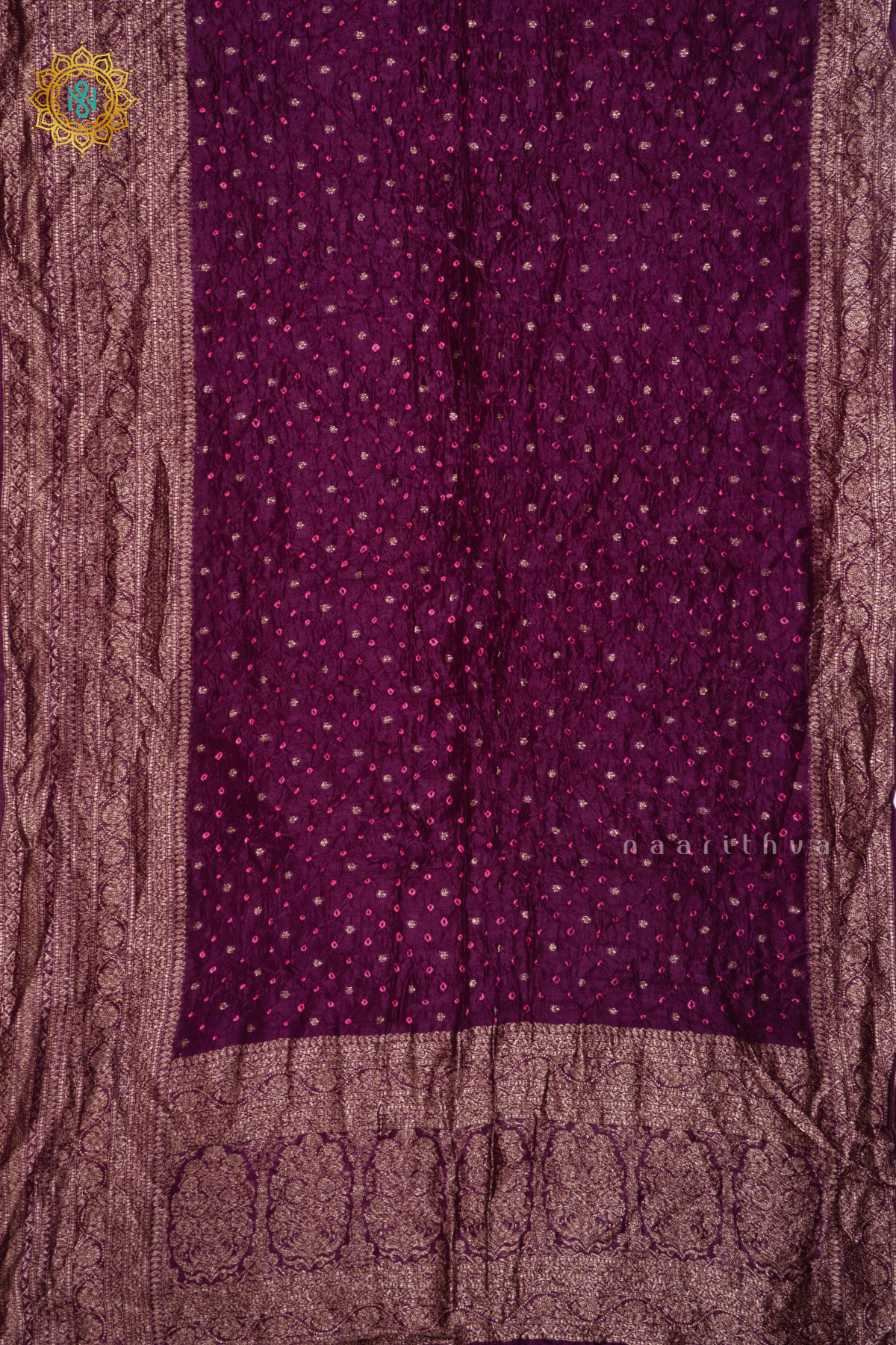 Wine Semi Tussar Silk Saree With Tie and Dye Bandini