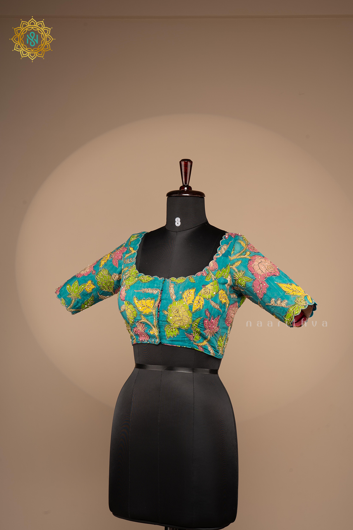 AQUA BLUE - PURE SILK WITH HAND PAINTED PEN KALAMKARI READYMADE BLOUSE