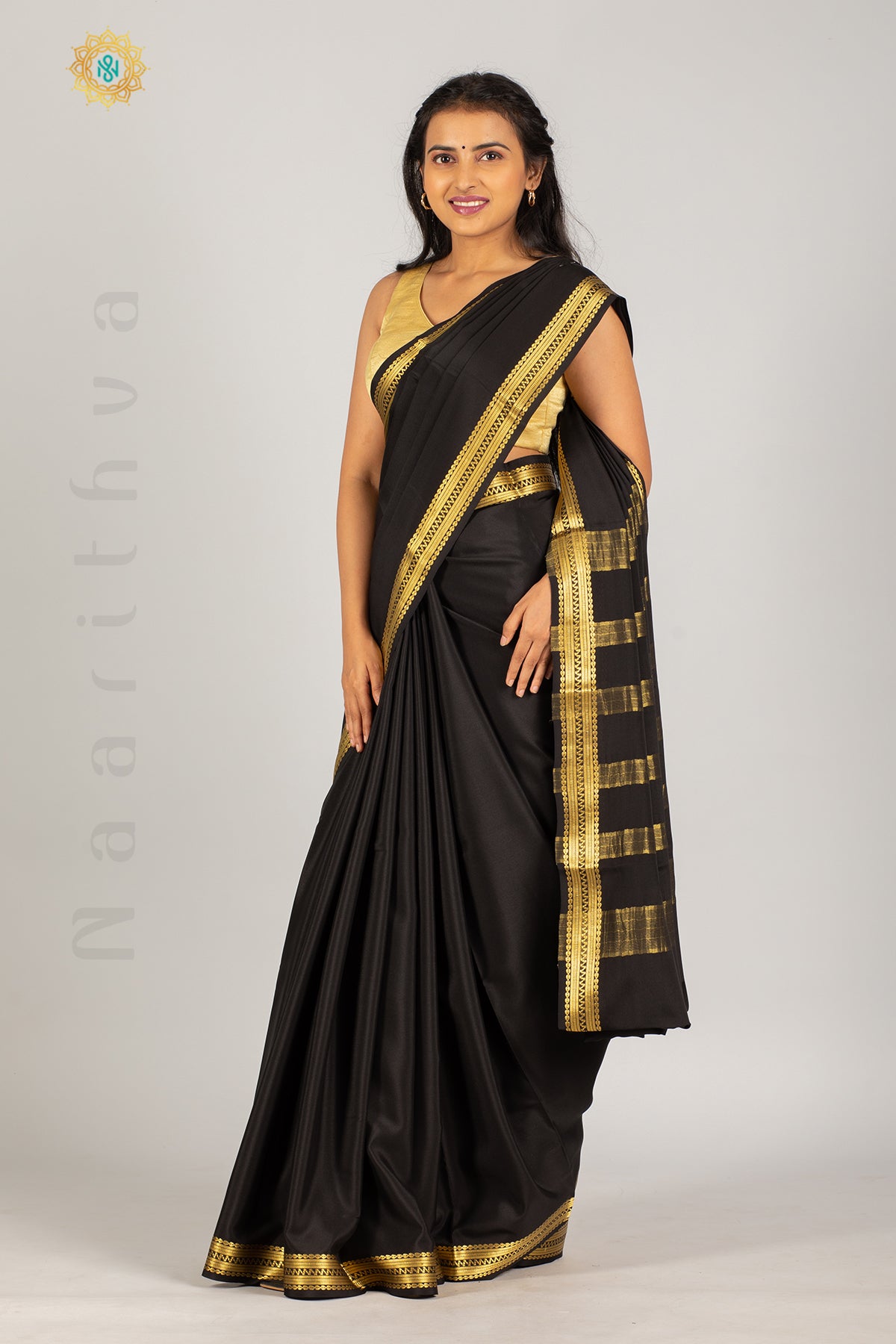 BLACK - PURE MYSORE CREPE SILK WITH PLAIN BODY AND ZARI BORDER