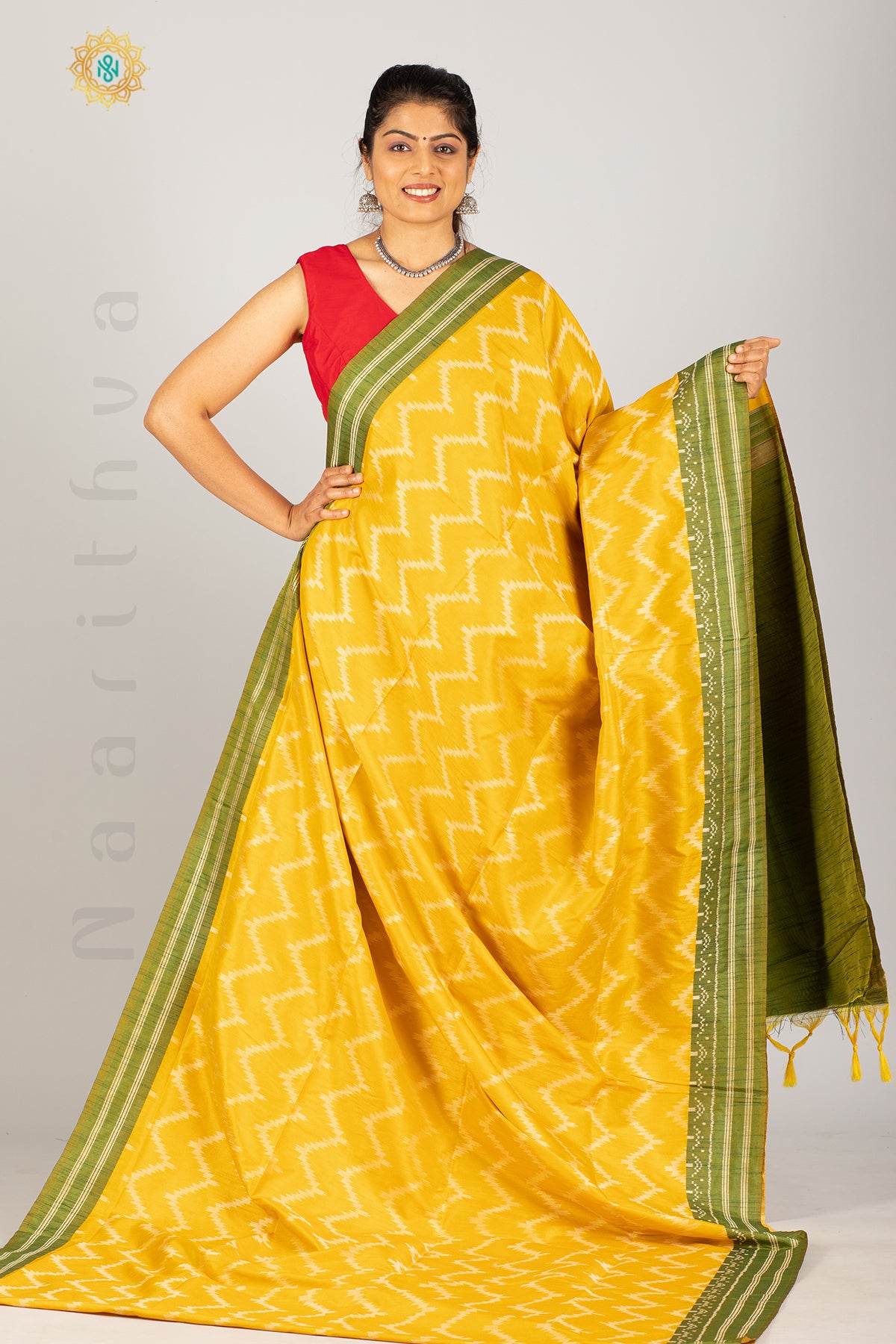 YELLOW WITH GREEN - SEMI RAW SILK WITH THREAD WOVEN IKAT WEAVES & CONTRAST BORDER