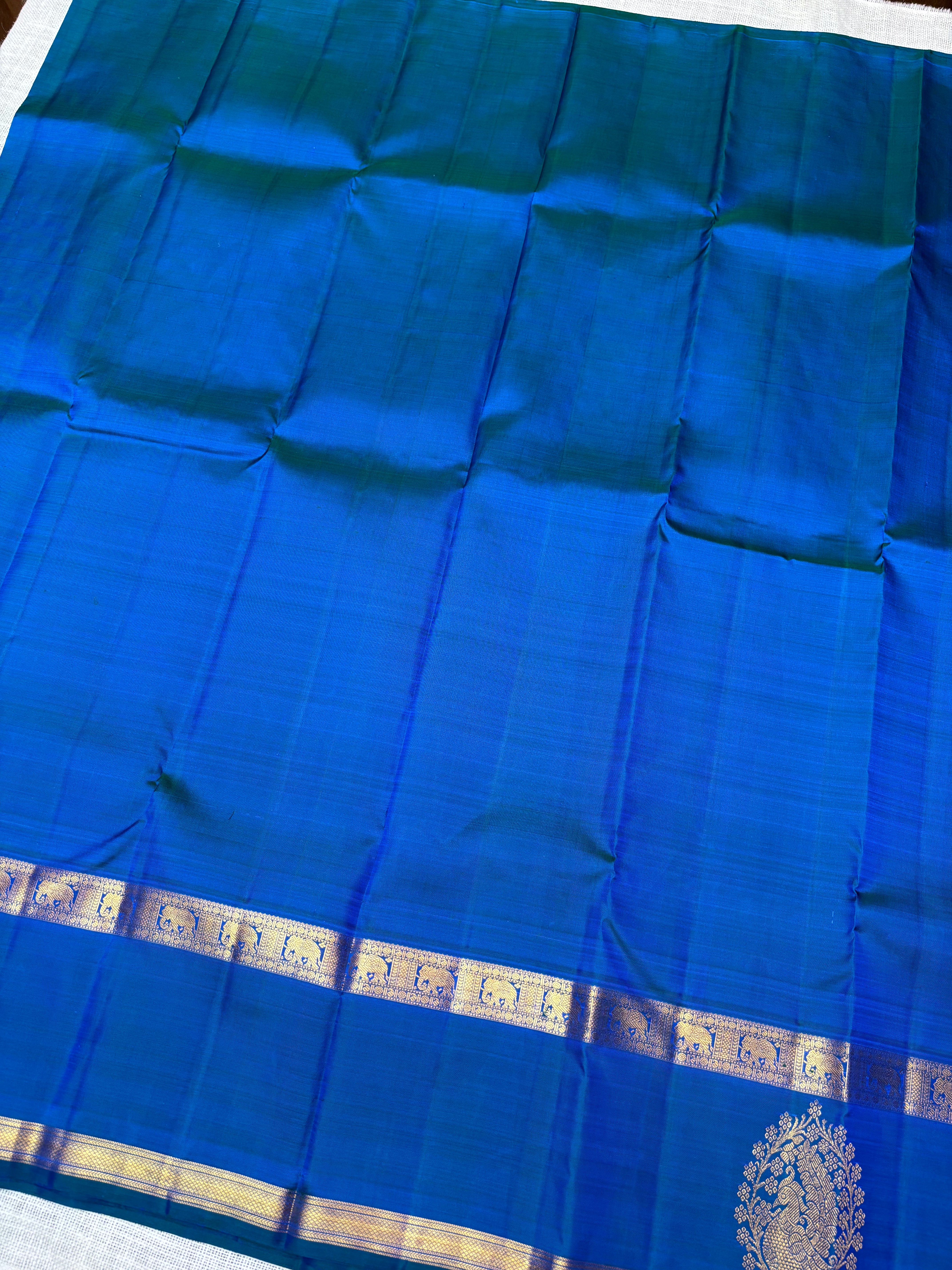 Dark Peach with Blue Pure Kanjivaram Silk Unstitched Kids’ Lehenga Fabric with All-Over Zari Brocade and Zari Border