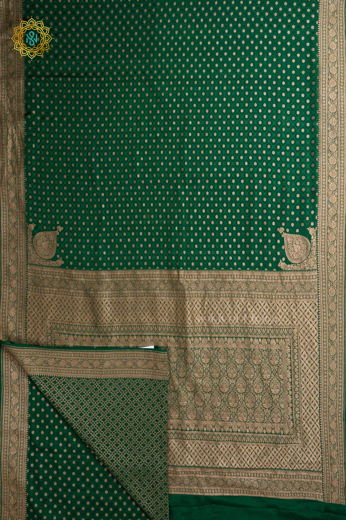 Bottle Green Pure Banarasi Crepe Silk Allover Zari Geometric Weaves and Woven Border