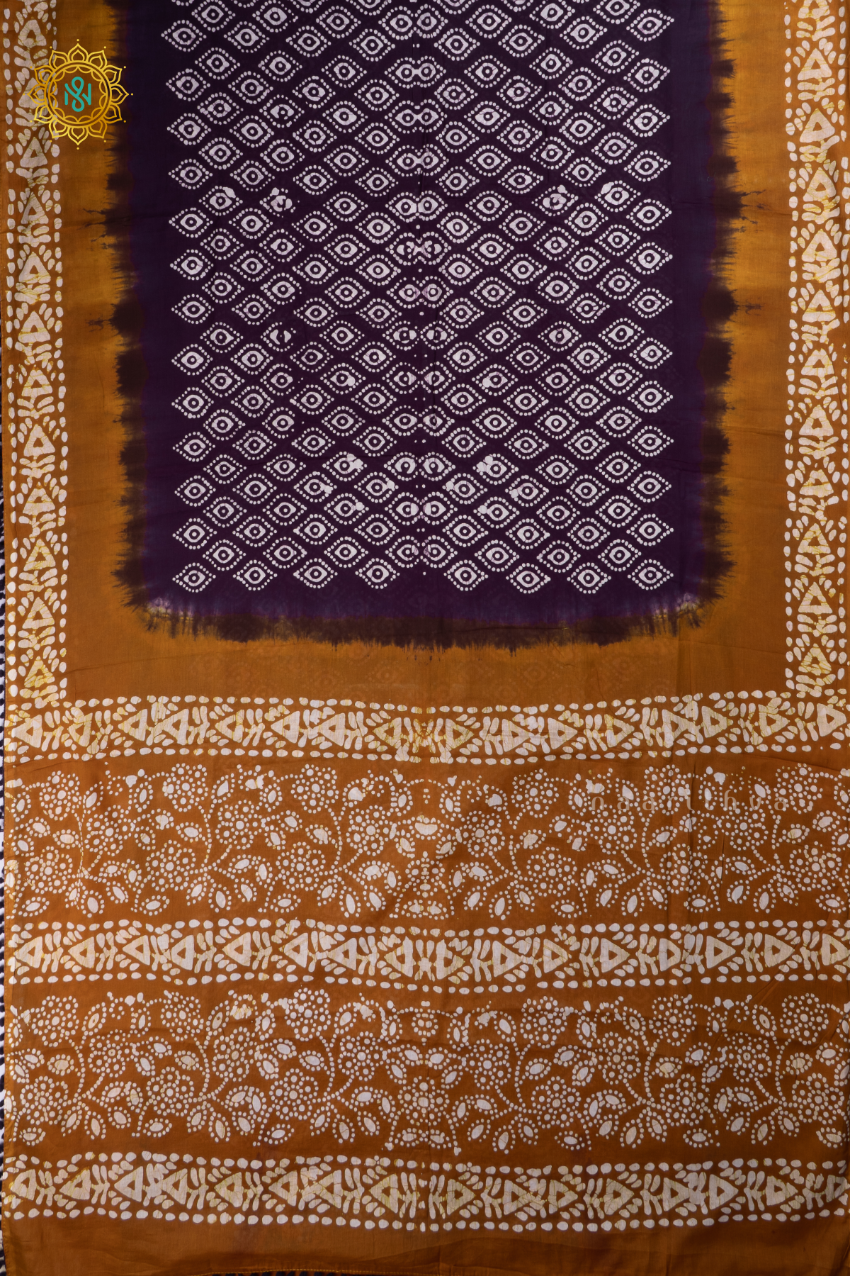 Purple With Mustard Printed Cotton Saree With Contrast Border & Pallu
