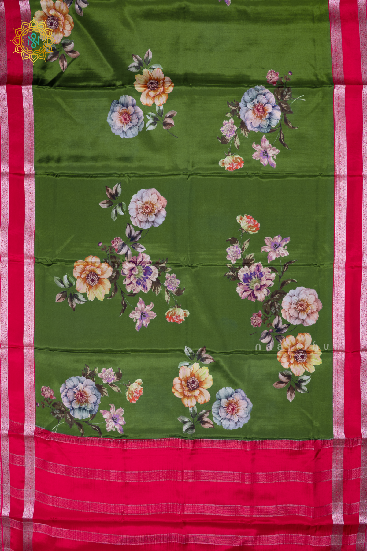 Parrot Green With Reddish Pink Printed Semi Crepe Silk Saree with Contrast Bentex Zari Border