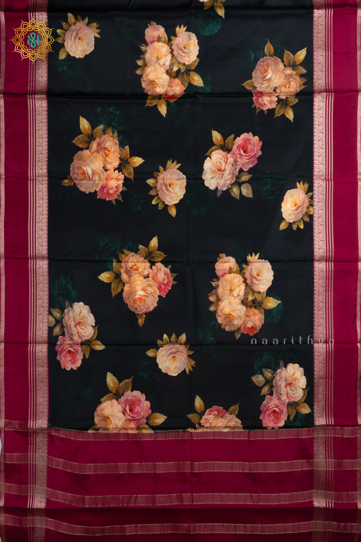 Bottle Green With Pink Printed Semi Crepe Silk Saree with Contrast Bentex Zari Border