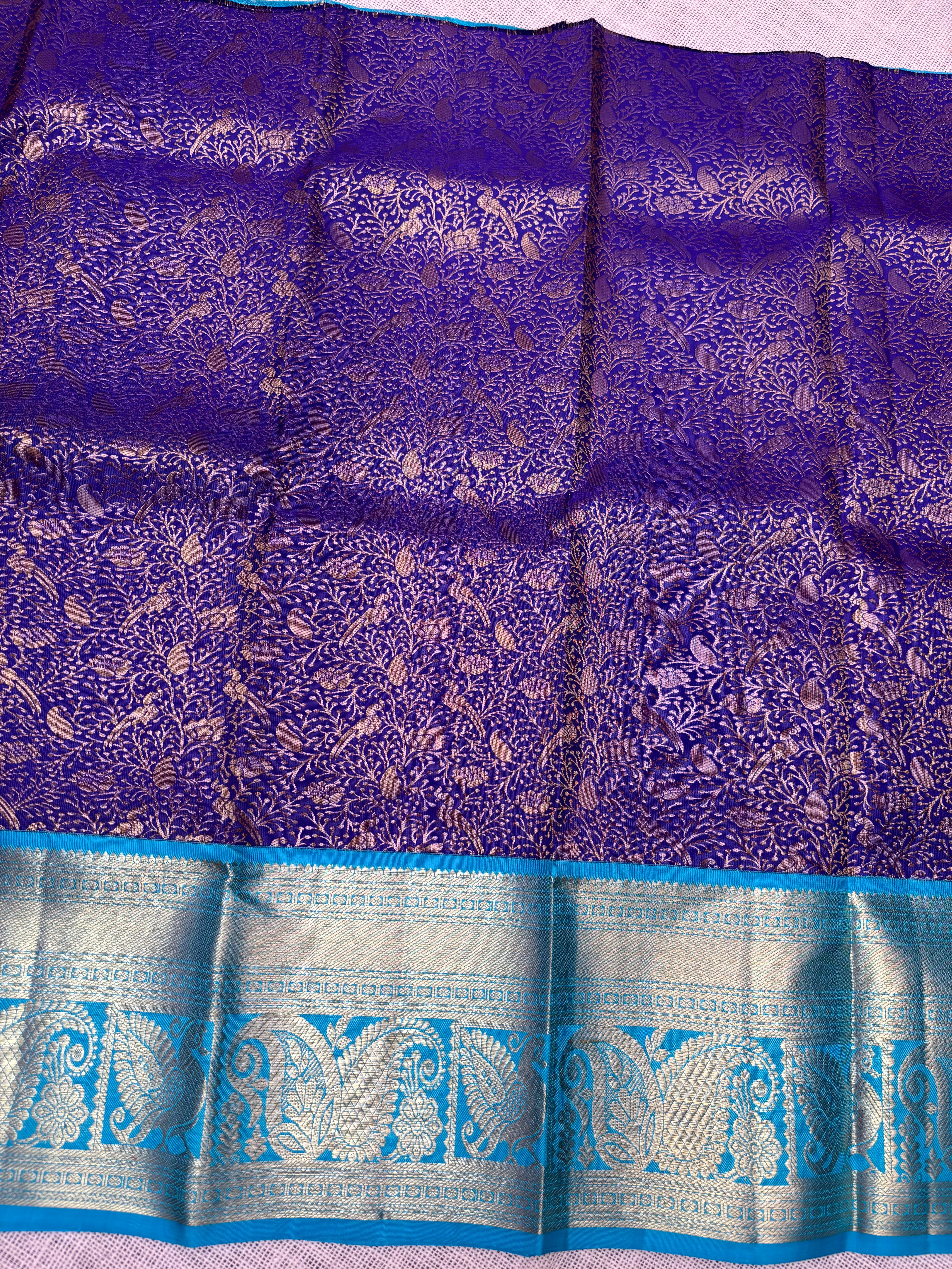 Royal Blue with Sky Blue Pure Kanjivaram Silk Unstitched Kids’ Lehenga Fabric with All-Over Zari Brocade and Zari Border