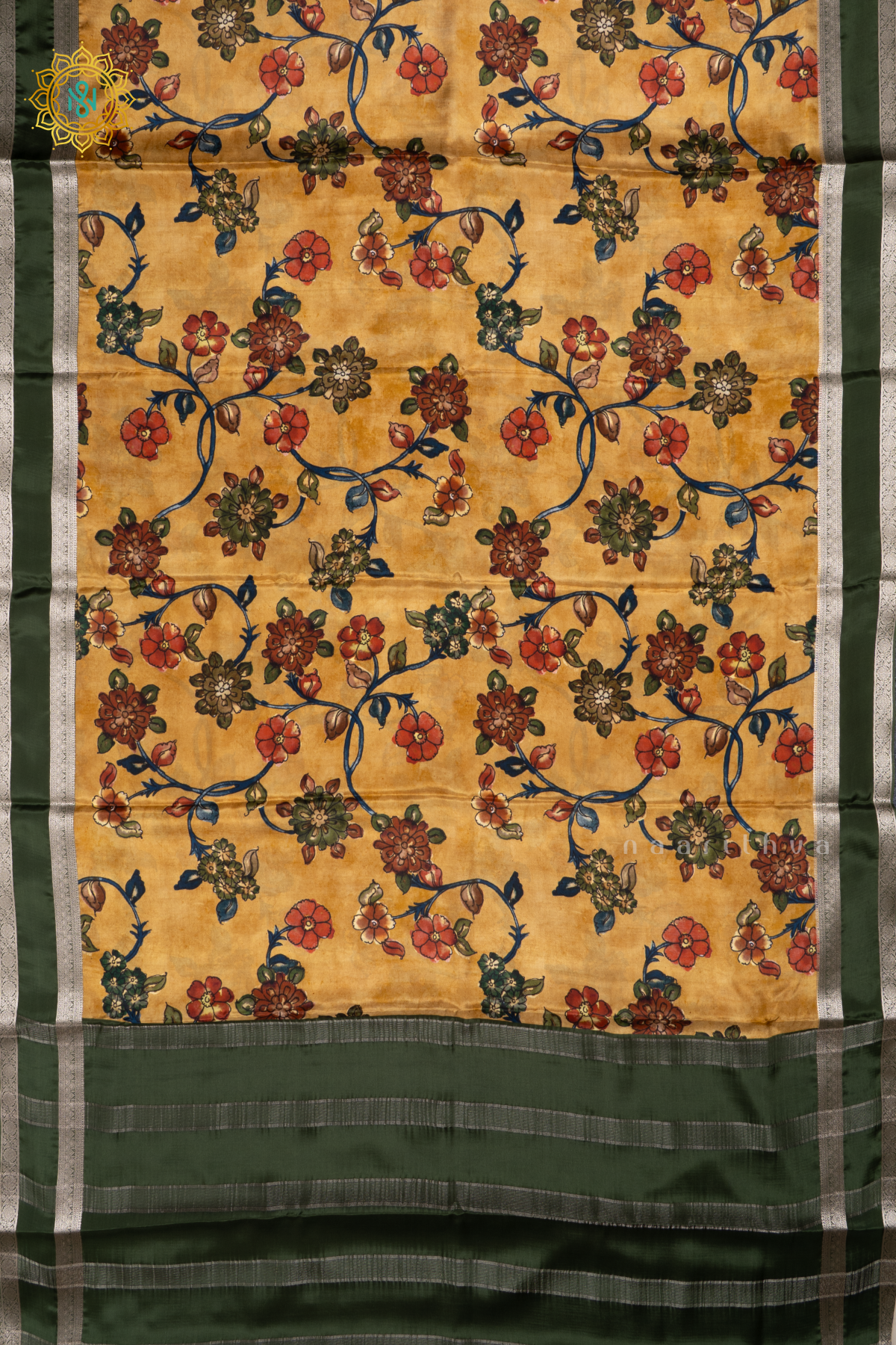 Mustard With Green Printed Semi Crepe Silk Saree with Contrast Bentex Zari Border