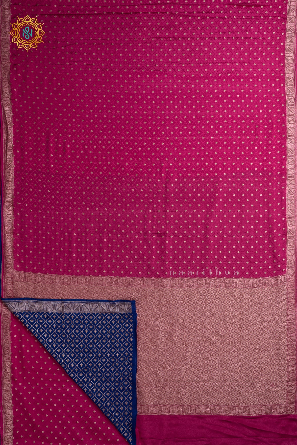 Rani Pink Pure Banarasi Crepe Silk Allover Zari Geometric Weaves and Woven Border