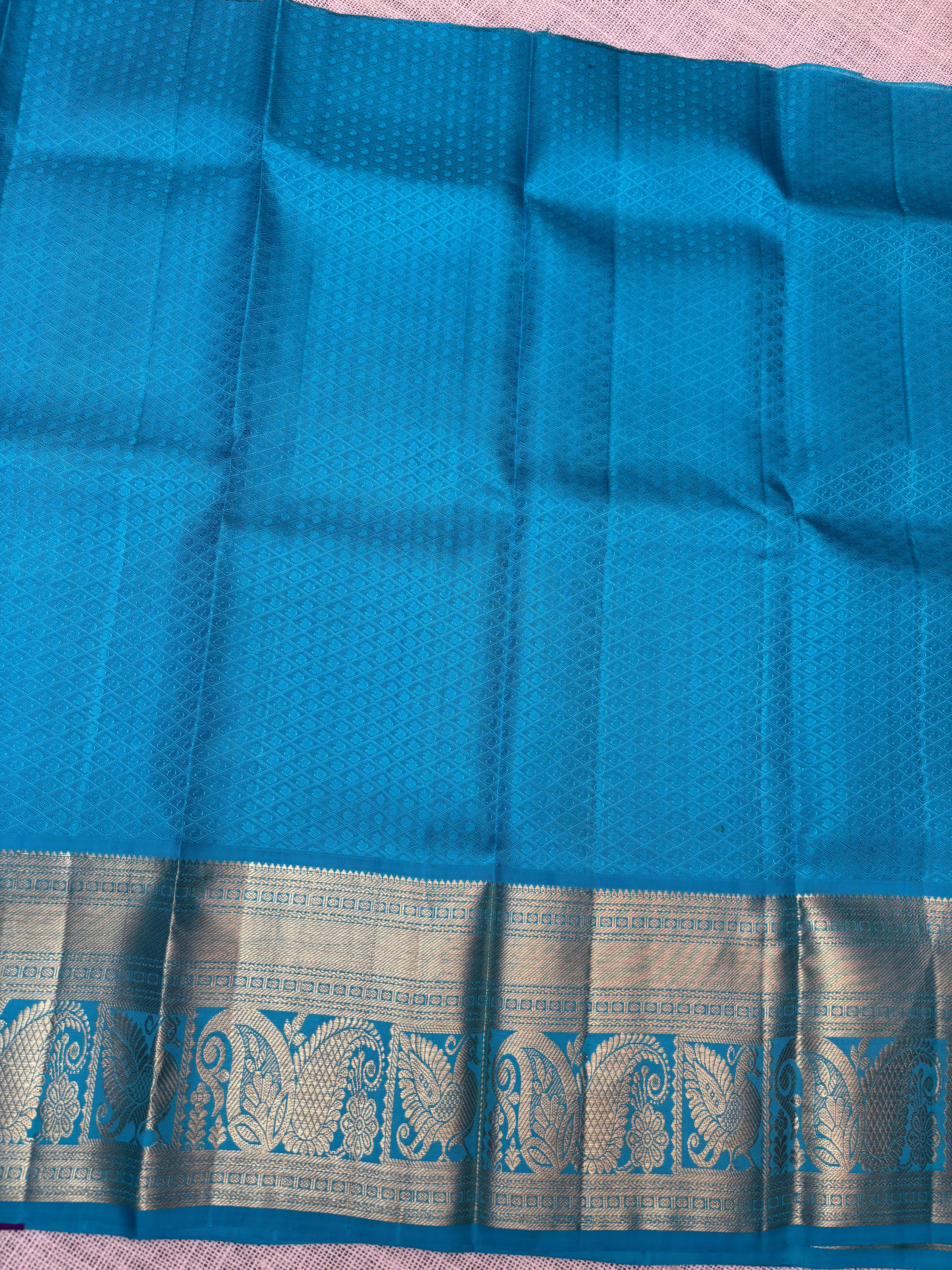 Royal Blue with Sky Blue Pure Kanjivaram Silk Unstitched Kids’ Lehenga Fabric with All-Over Zari Brocade and Zari Border