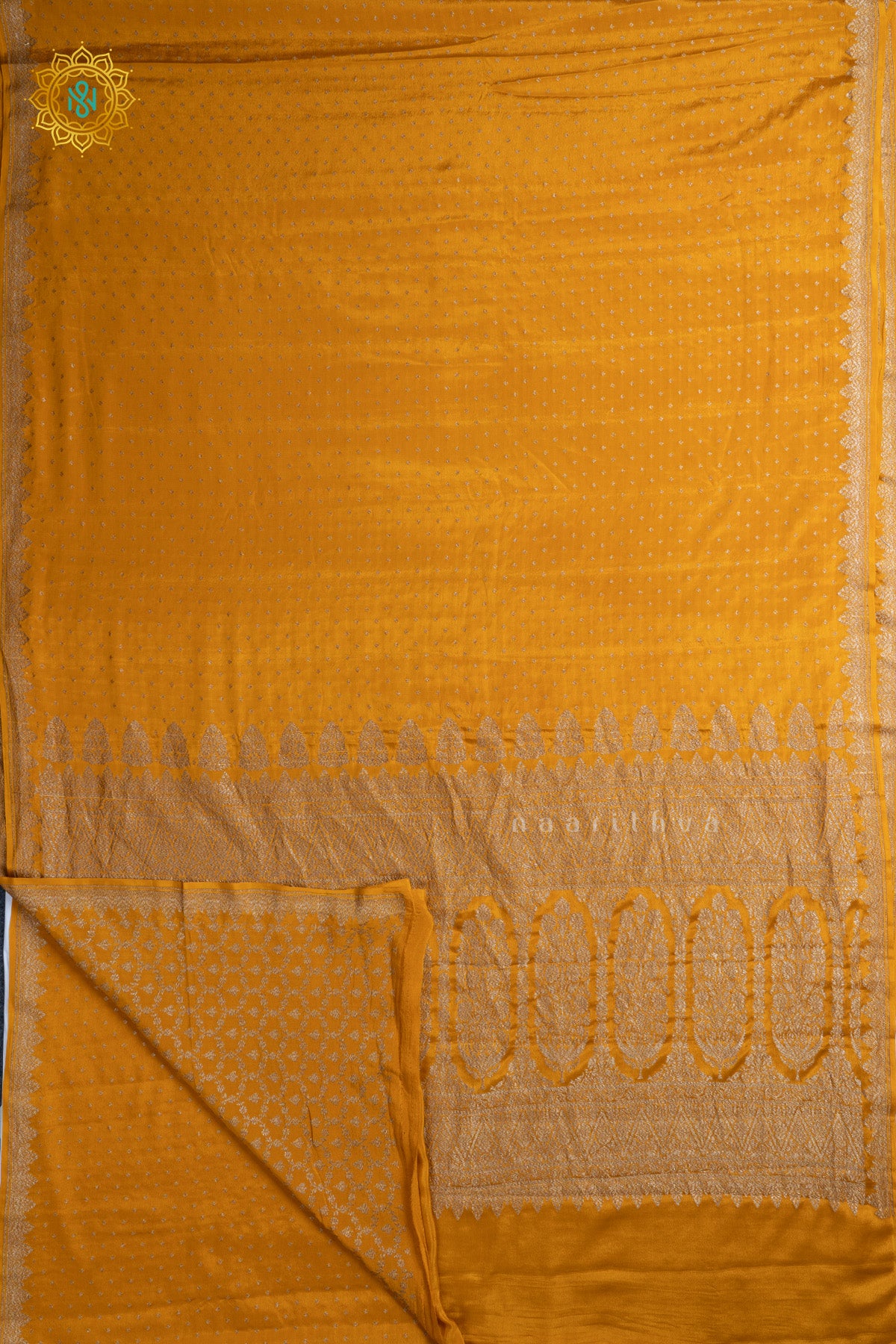 Yellow Pure Banarasi Crepe Silk Allover Zari Geometric Weaves and Woven Border
