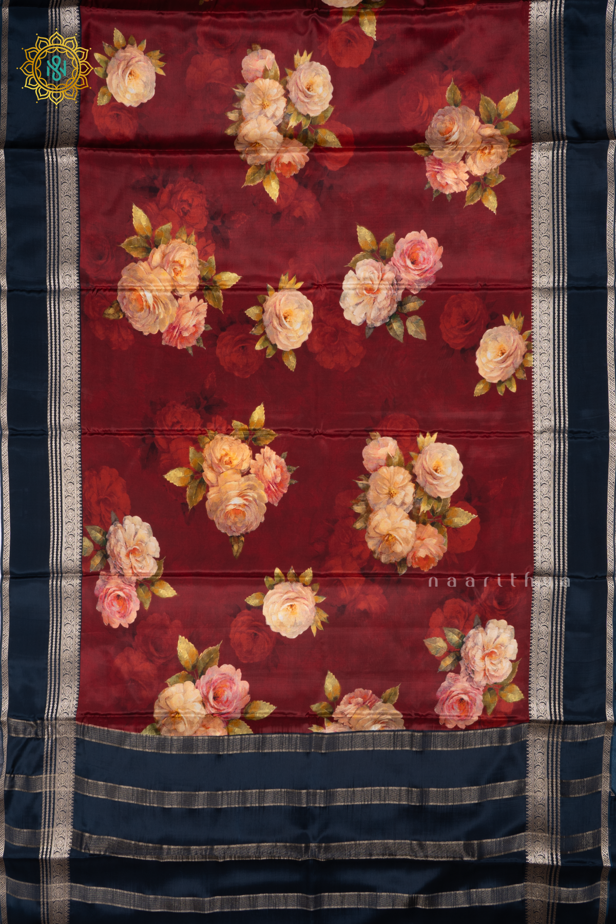Maroon With Peacock Blue Printed Semi Crepe Silk Saree with Contrast Bentex Zari Border