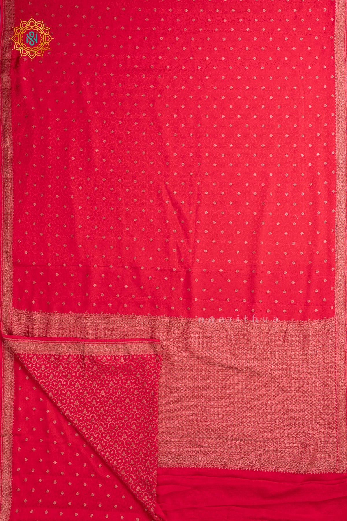 Red Pure Banrasi Crepe Silk Allover Zari Buttas On The Body With Contrast Zari Border & Pallu