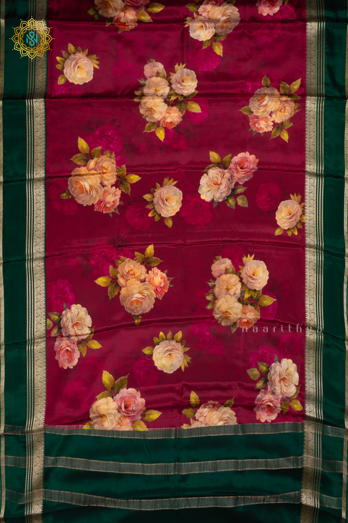 Magenta With Bottle Green Printed Semi Crepe Silk Saree with Contrast Bentex Zari Border