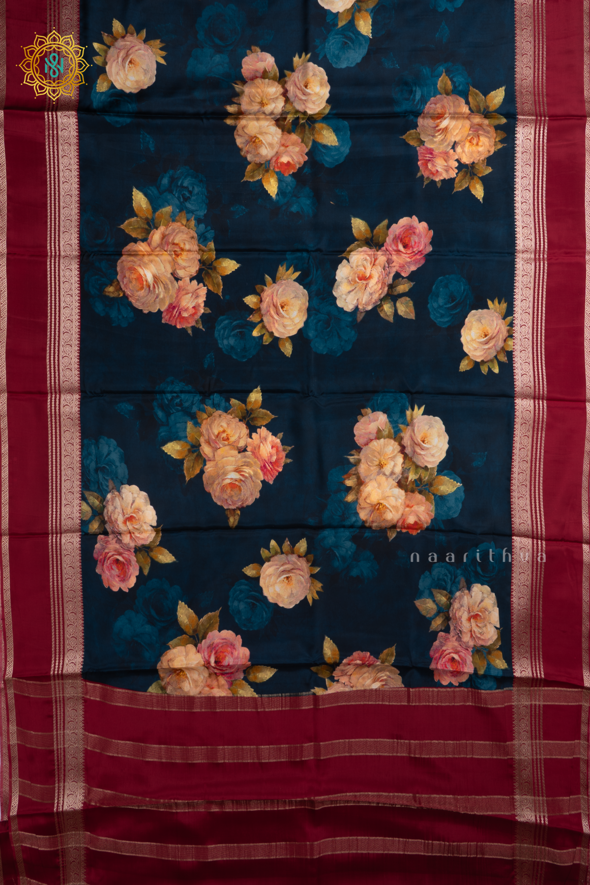Peacock Blue With Maroon Printed Semi Crepe Silk Saree with Contrast Bentex Zari Border