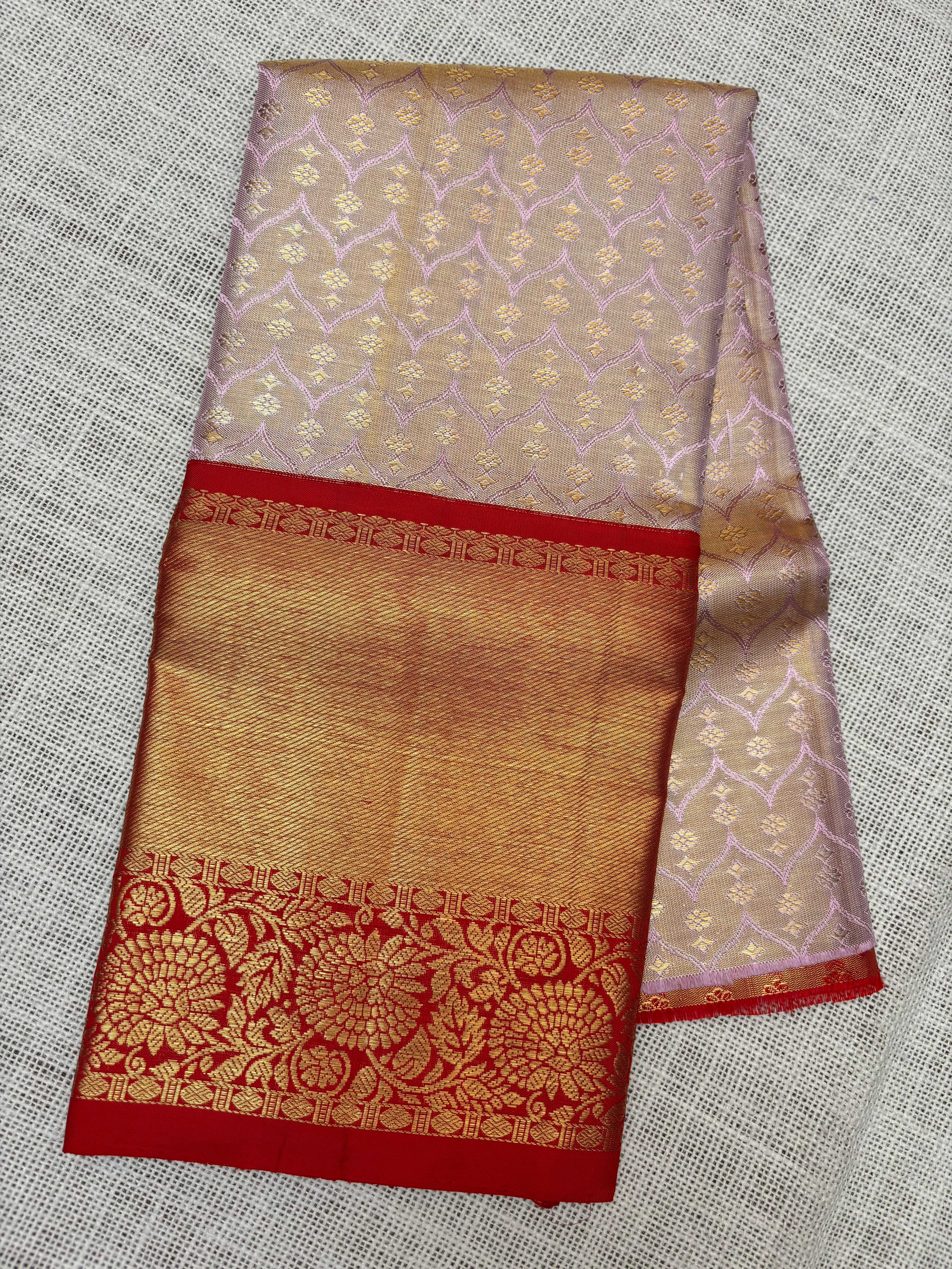 Lavender with Red Pure Kanjivaram Silk Unstitched Kids’ Lehenga Fabric with All-Over Zari Brocade and Zari Border