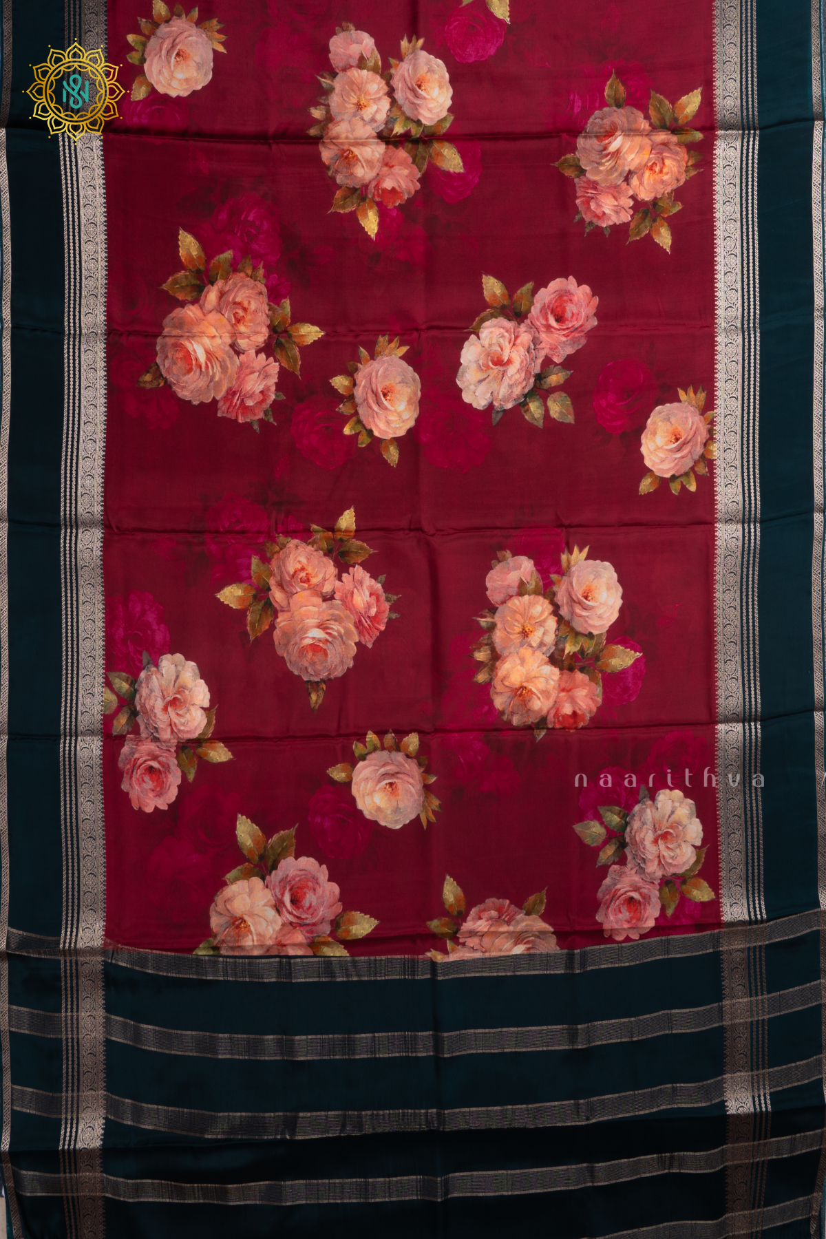 Magenta With Peacock Blue Printed Semi Crepe Silk Saree with Contrast Bentex Zari Border