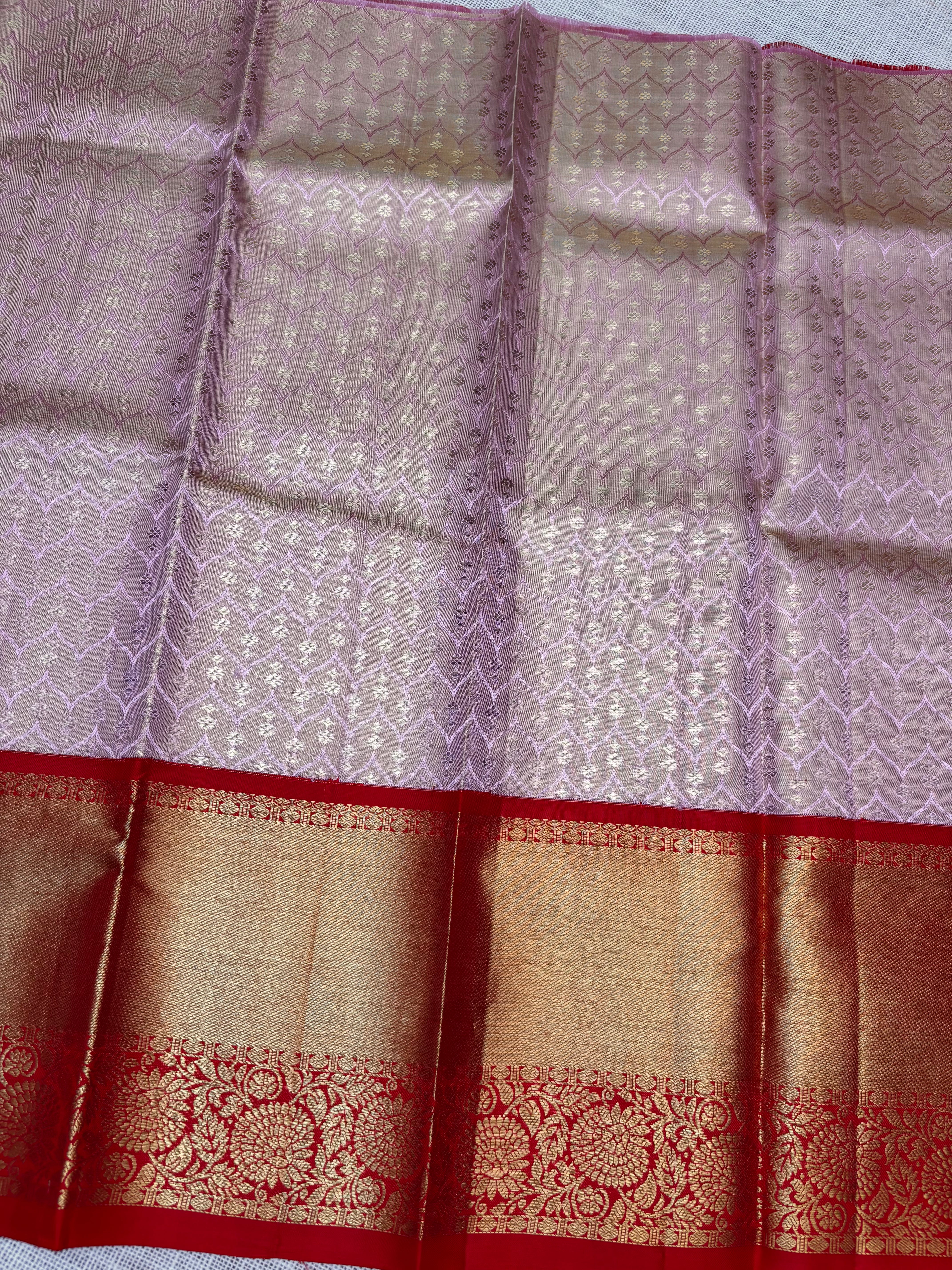 Lavender with Red Pure Kanjivaram Silk Unstitched Kids’ Lehenga Fabric with All-Over Zari Brocade and Zari Border