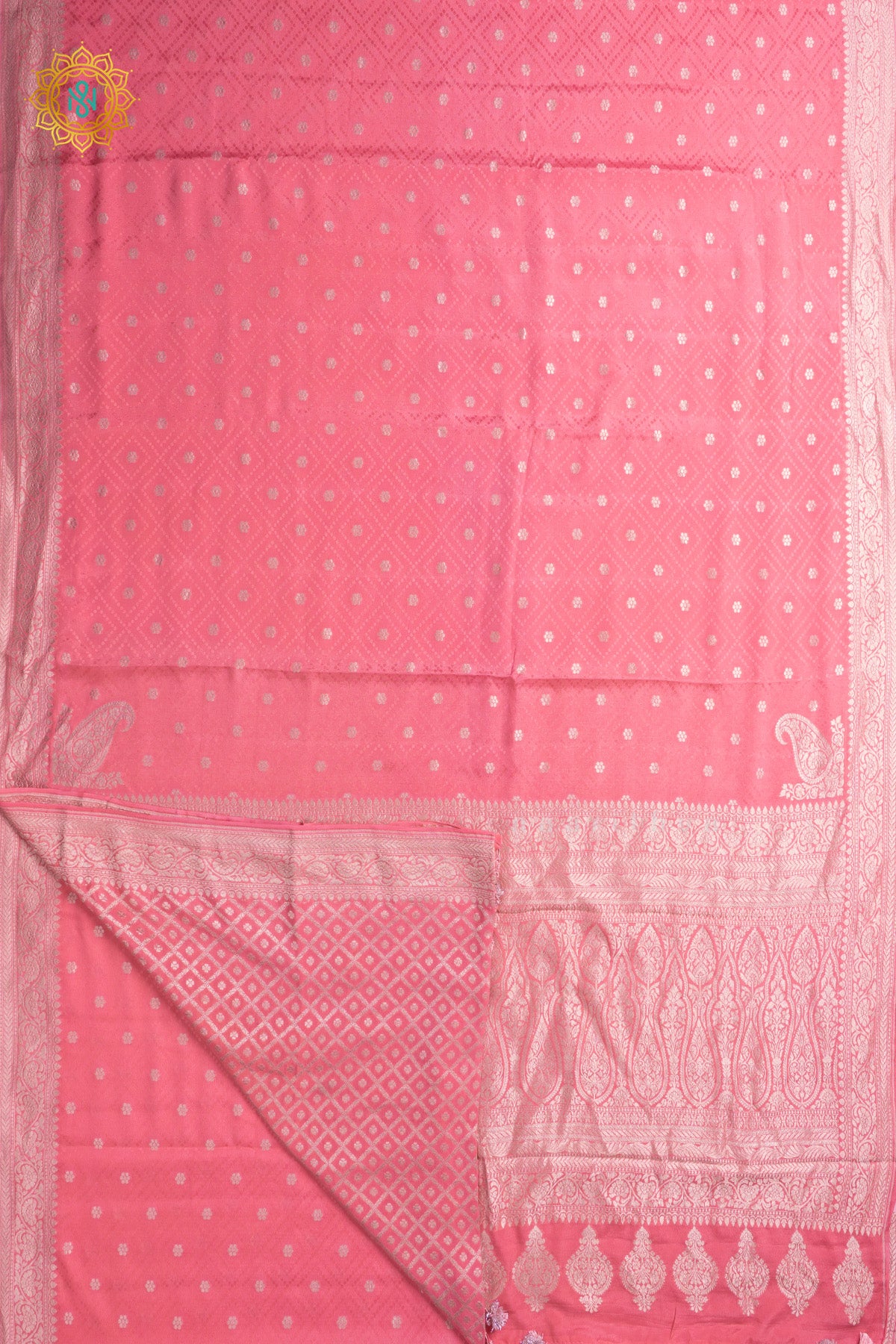 Dark Peach Pure Banarasi Crepe Silk Allover Zari Geometric Weaves and Woven Border