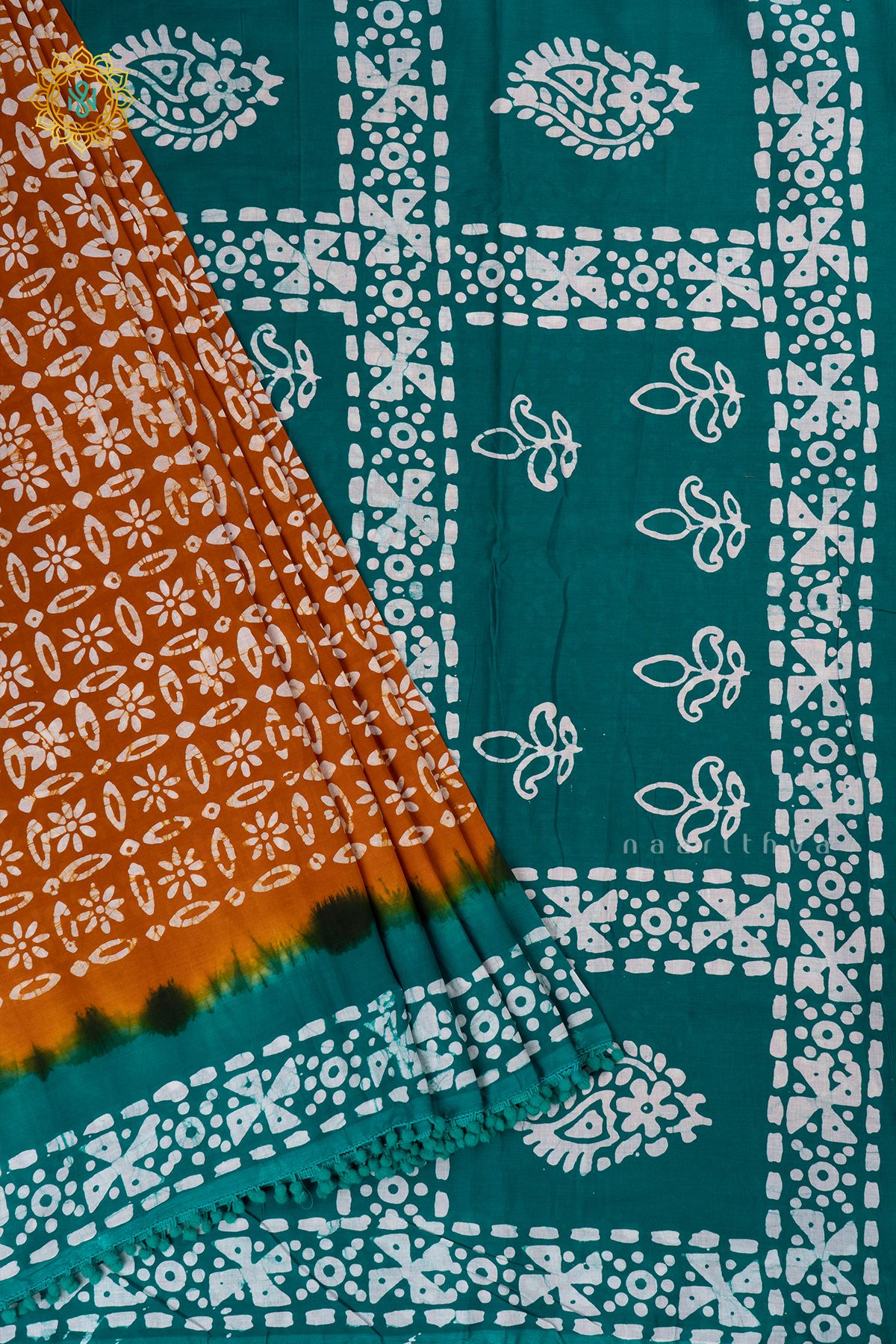 Rust Orange With Cyan Green Printed Cotton Saree With Contrast Border & Pallu
