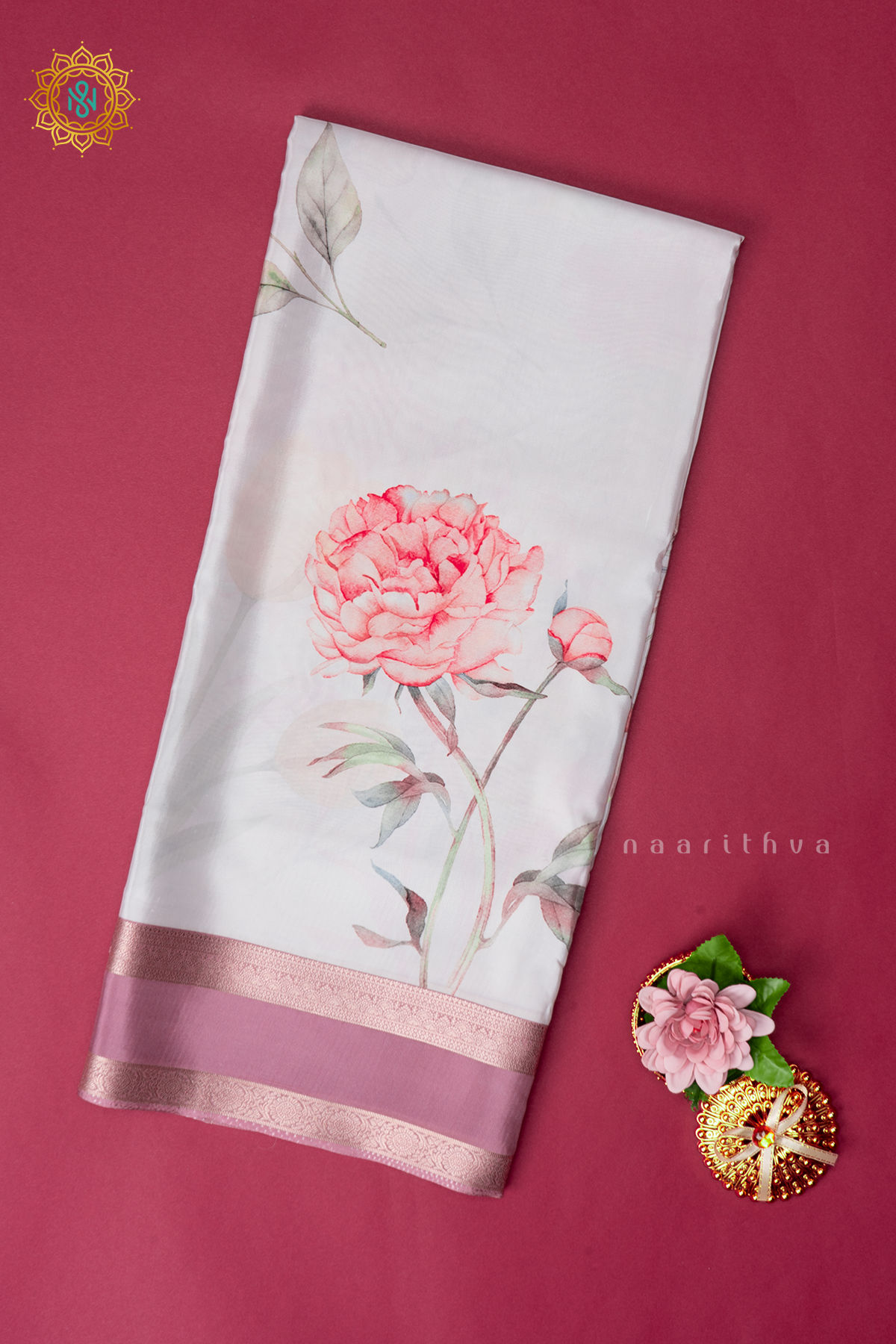 White With Onion Pink Printed Semi Crepe Silk Saree with Contrast Bentex Zari Border