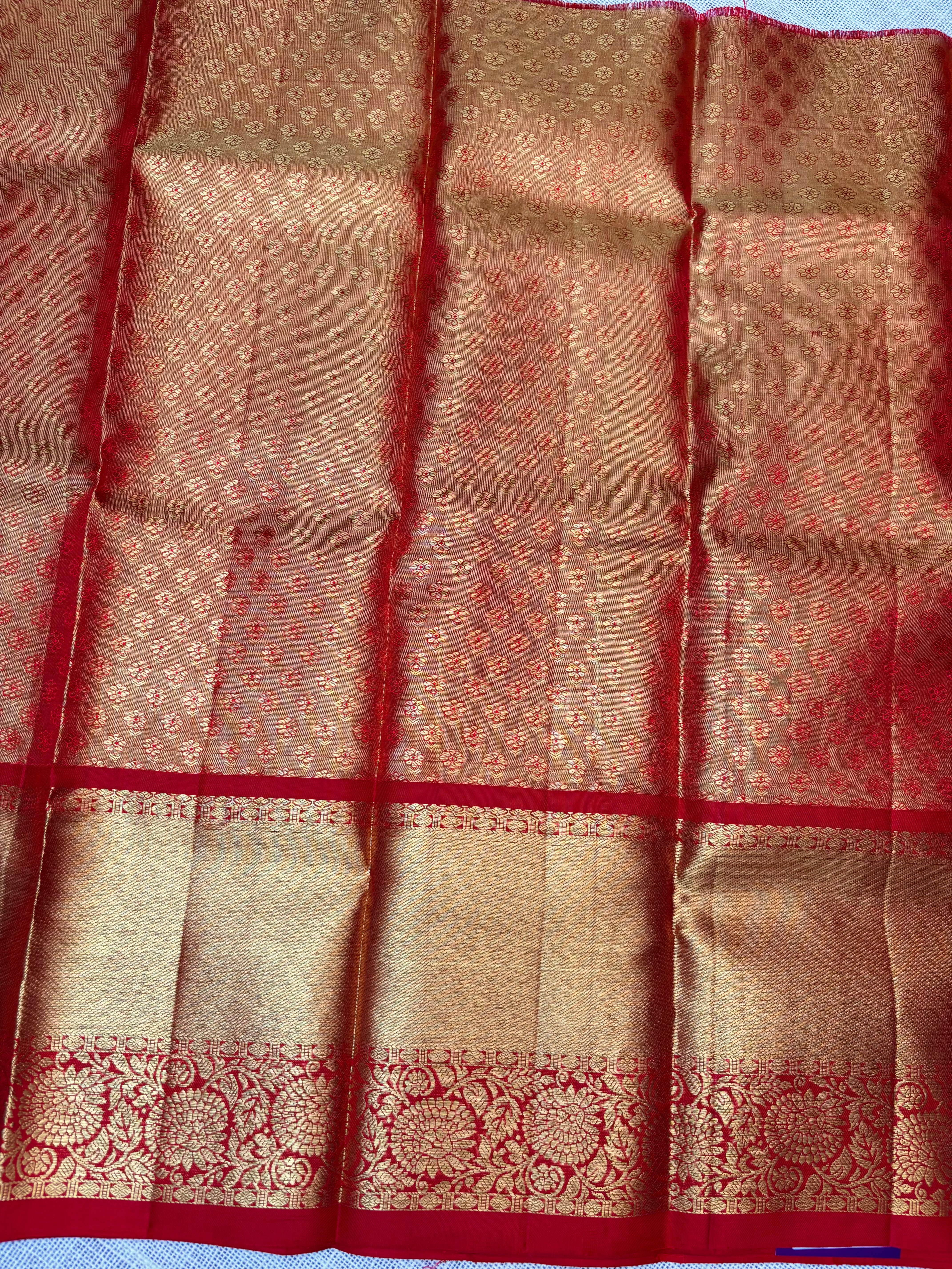 Lavender with Red Pure Kanjivaram Silk Unstitched Kids’ Lehenga Fabric with All-Over Zari Brocade and Zari Border