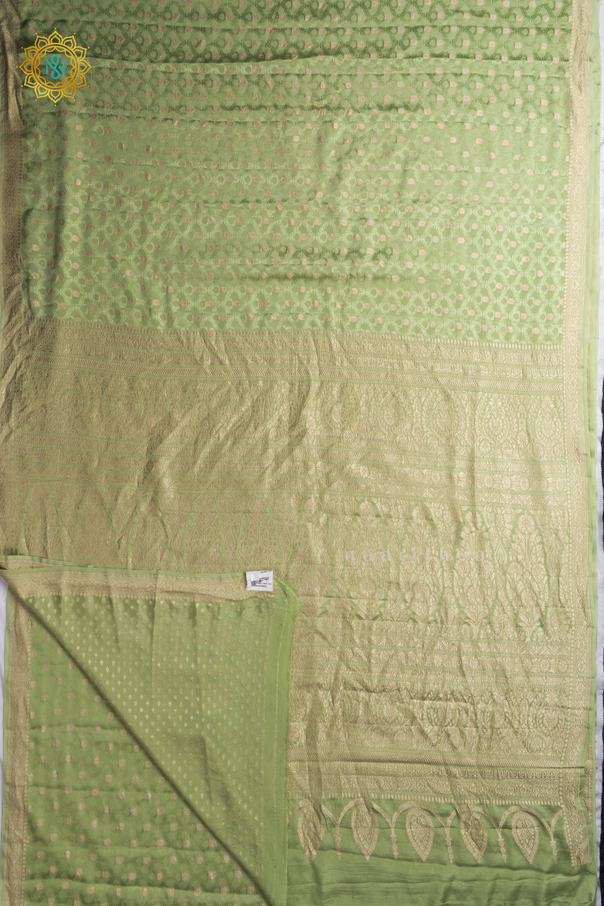 Pista Green Pure Banrasi Crepe Silk Allover Zari Buttas On The Body With Contrast Zari Border & Pallu