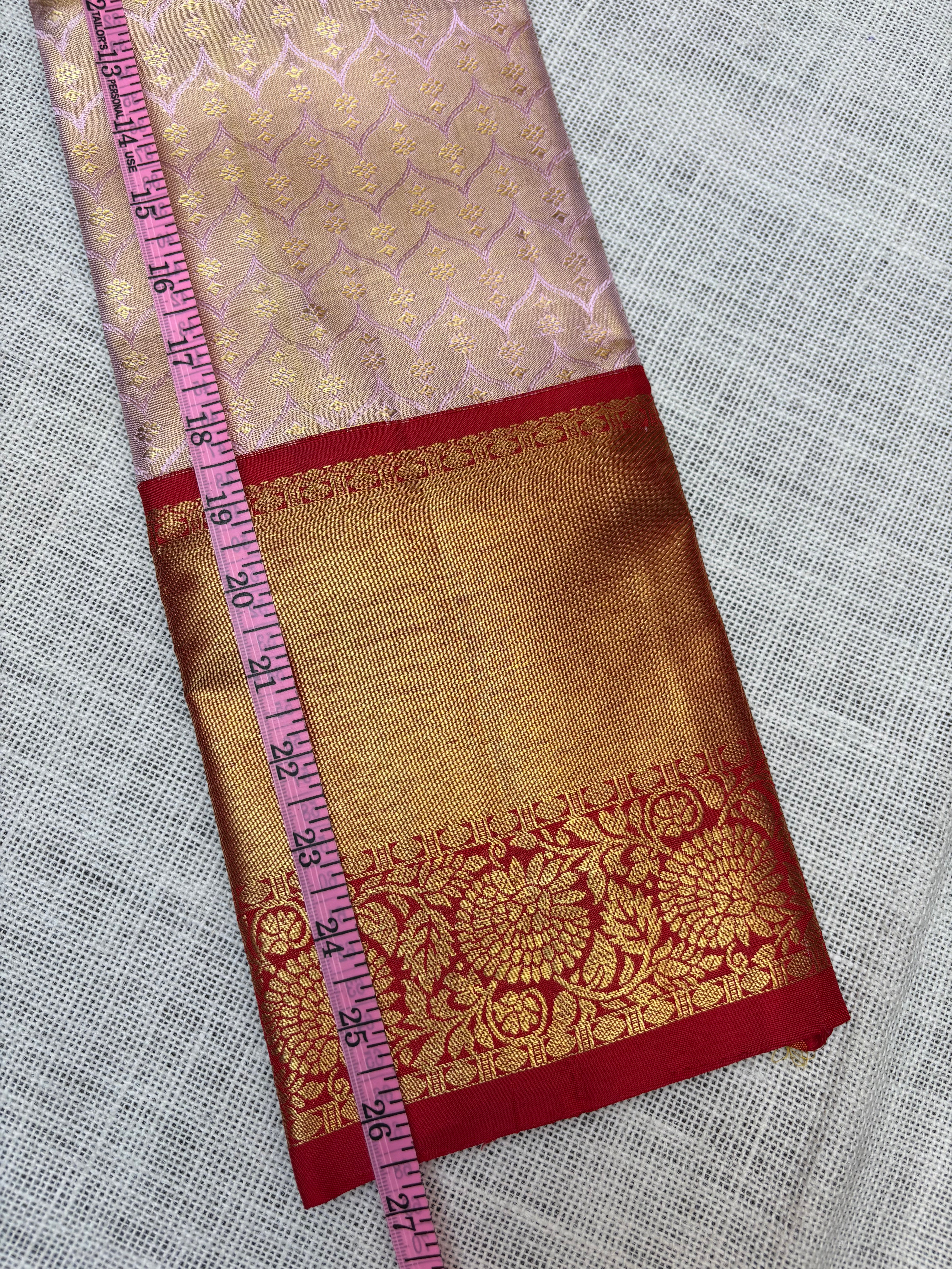 Lavender with Red Pure Kanjivaram Silk Unstitched Kids’ Lehenga Fabric with All-Over Zari Brocade and Zari Border