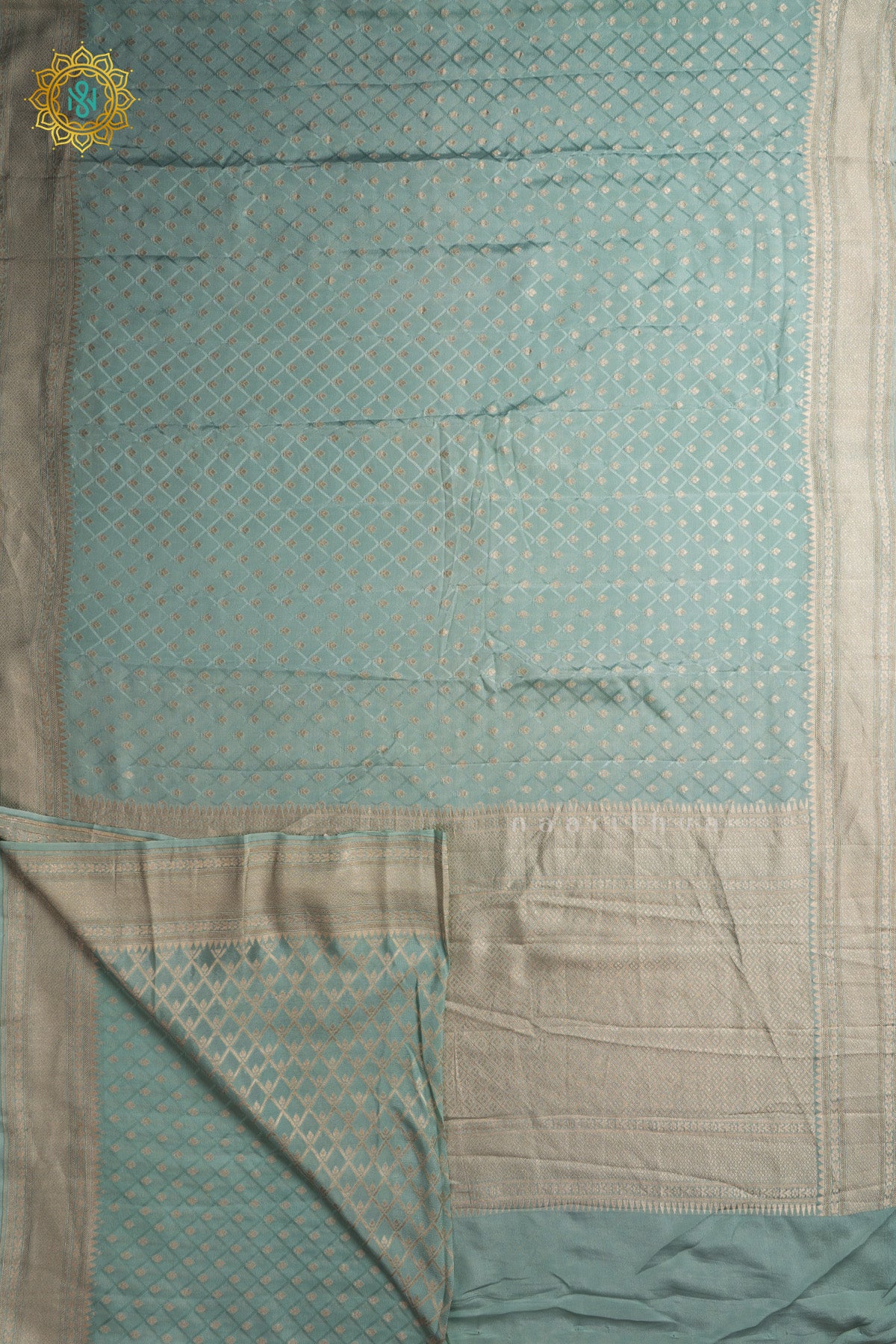 Aqua Green Pure Banrasi Crepe Silk Allover Zari Buttas On The Body With Contrast Zari Border & Pallu