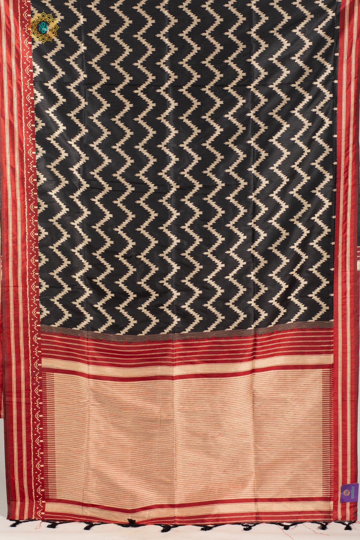 BLACK WITH MAROON - SEMI RAW SILK WITH THREAD WOVEN IKAT WEAVES & CONTRAST BORDER