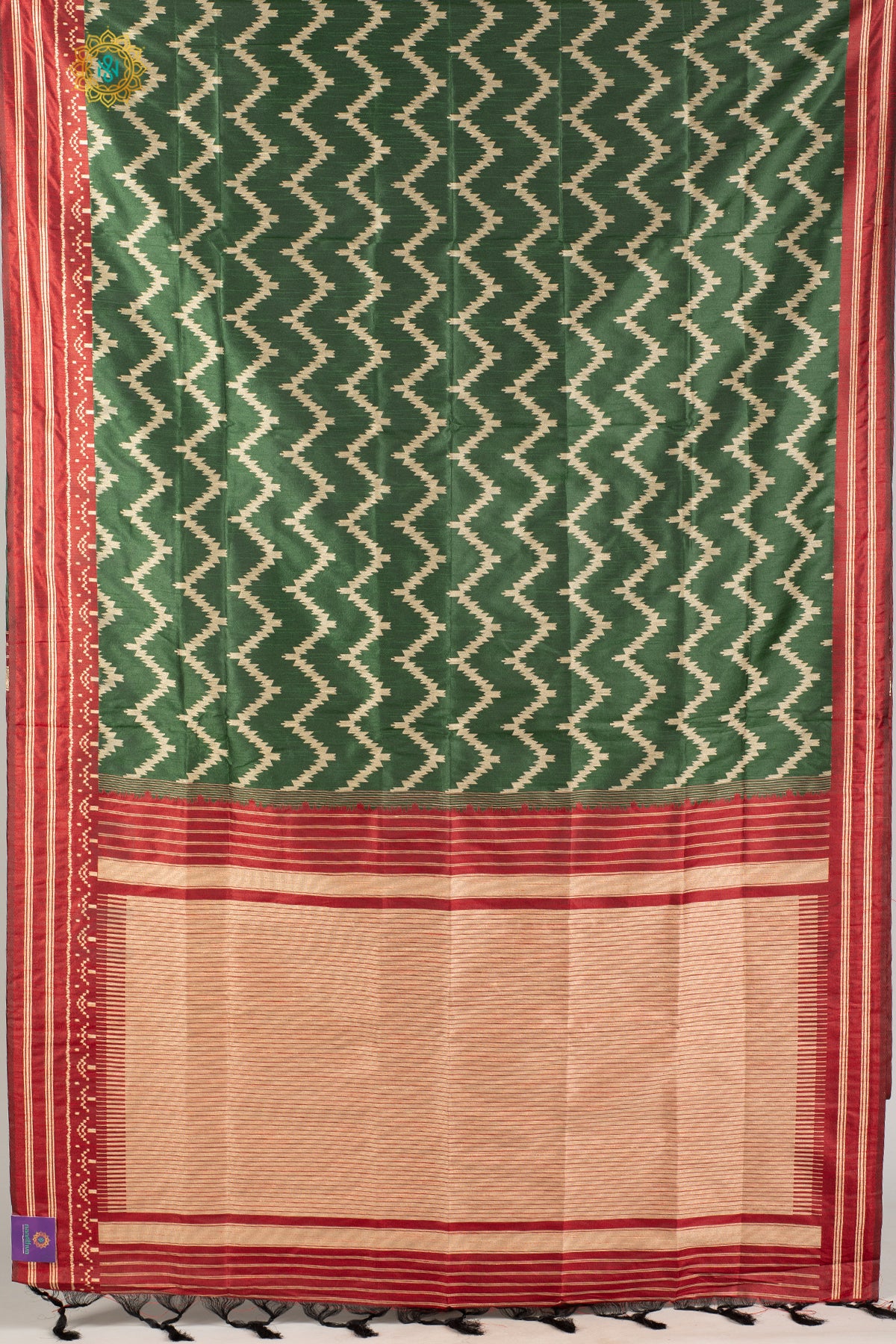 GREEN WITH MAROON - SEMI RAW SILK WITH THREAD WOVEN IKAT WEAVES & CONTRAST BORDER