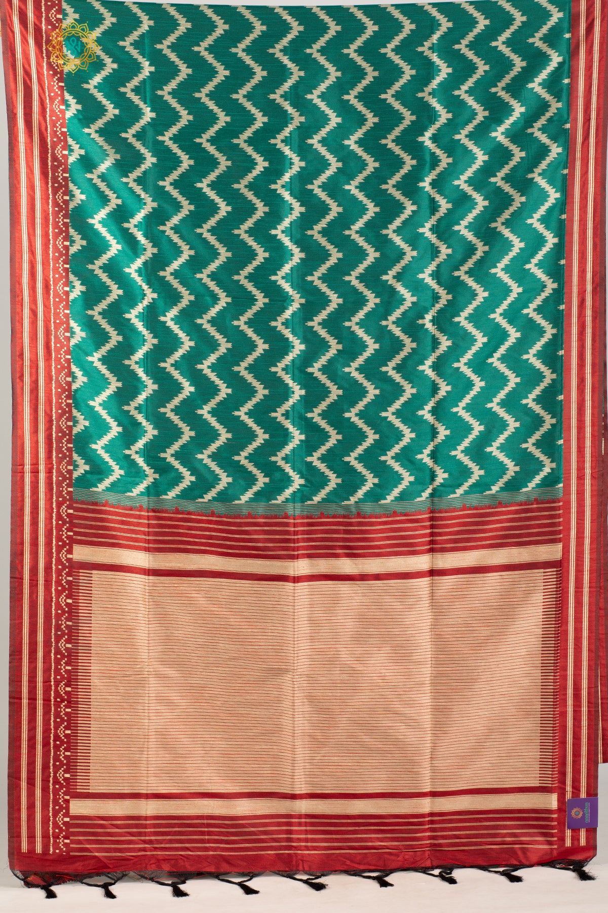 GREEN WITH MAROON - SEMI RAW SILK WITH THREAD WOVEN IKAT WEAVES & CONTRAST BORDER