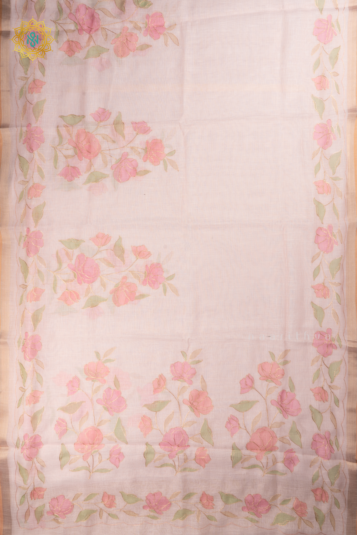 Off White Linen Tissue Saree with Aari Floral Work and Tissue Border