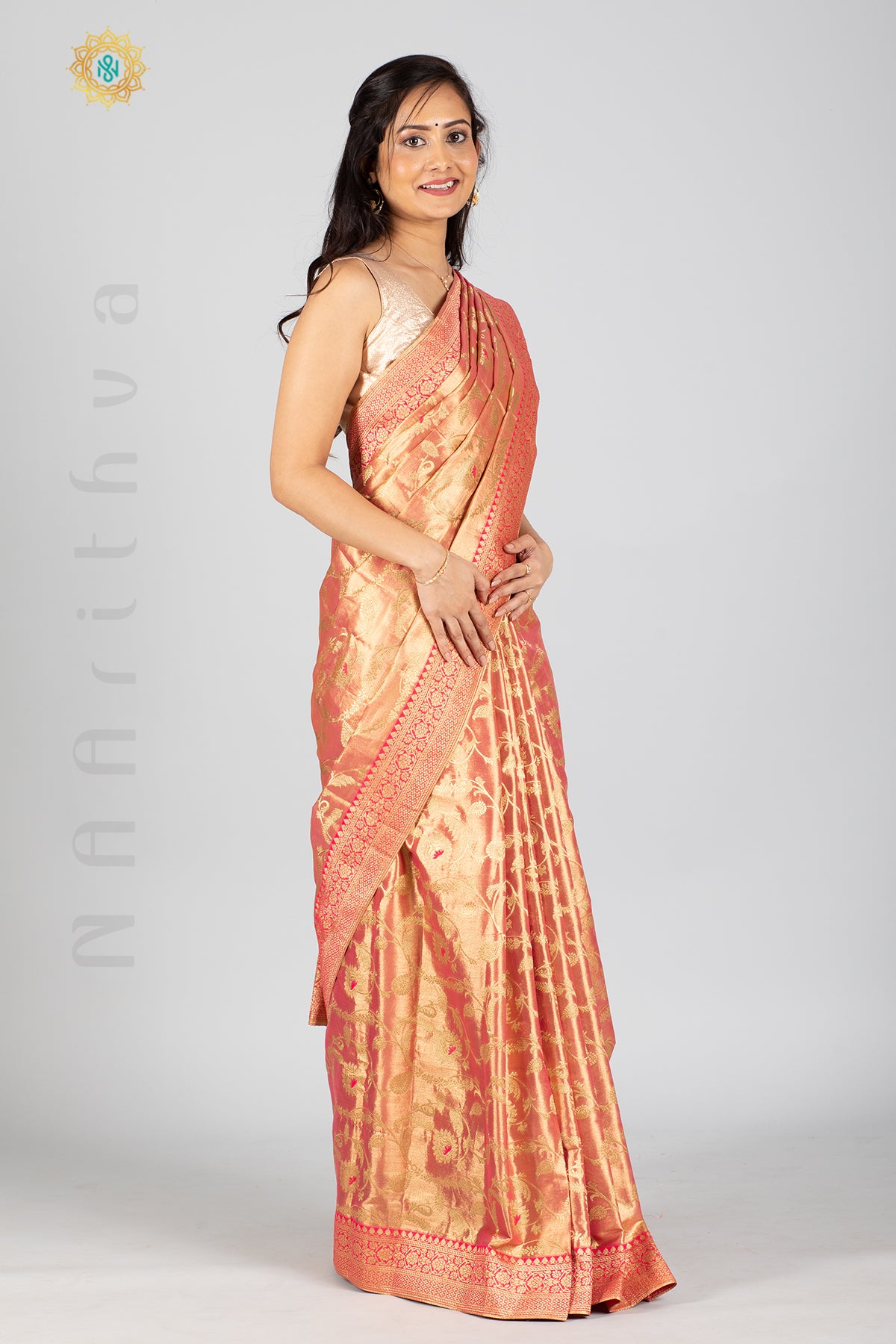 PINK TISSUE SILK IN MEENA WORK ALLOVER THE BODY WITH ZARI WOVEN PALLU & TISSUE BLOUSE