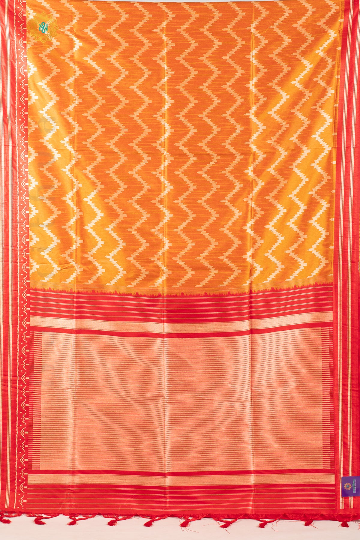 MUSTARD WITH RED - SEMI RAW SILK WITH THREAD WOVEN IKAT WEAVES & CONTRAST BORDER