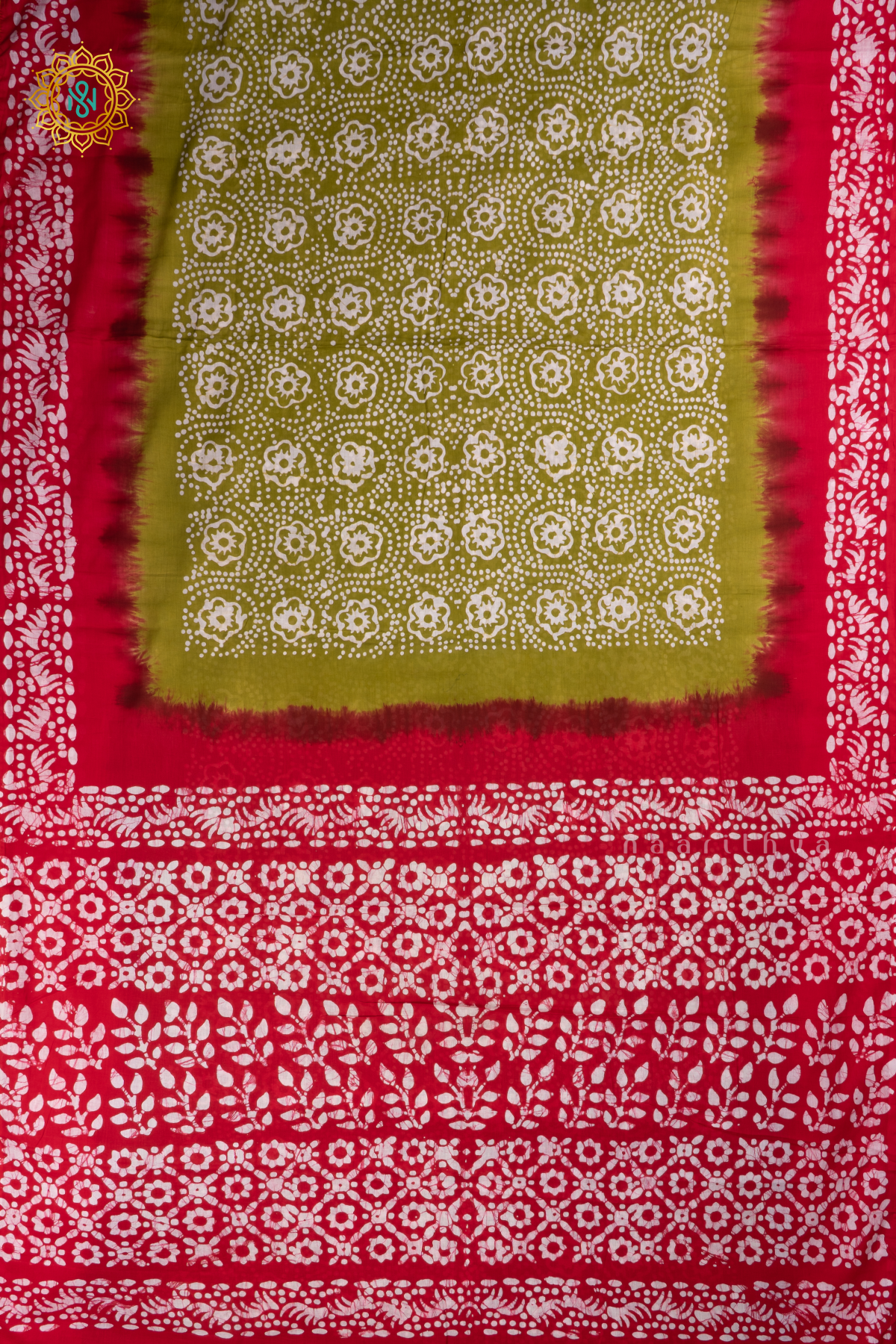 Mehendi Green With Red Printed Cotton Saree With Contrast Border & Pallu