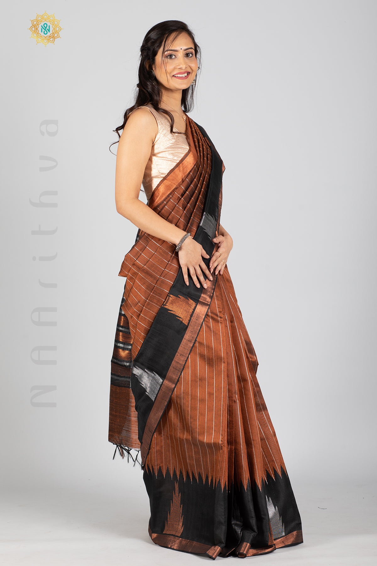 BRONZE WITH BLACK - PURE TUSSAR SILK WITH ZARI STRIPES ON THE BODY & TEMPLE BORDER