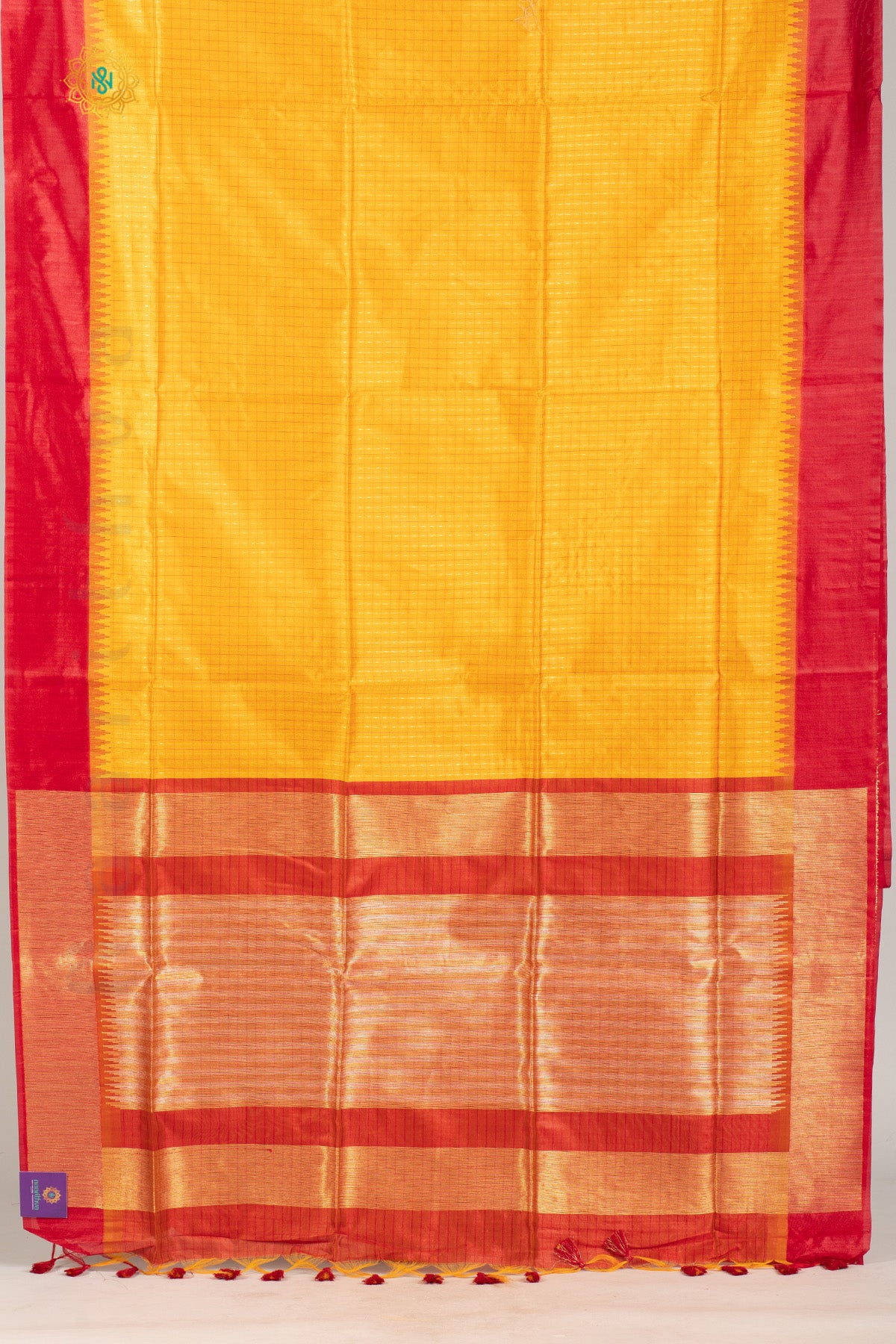 YELLOW WITH RED - SEMI RAW SILK WITH ZARI WEAVING & CONTRAST TEMPLE BORDER