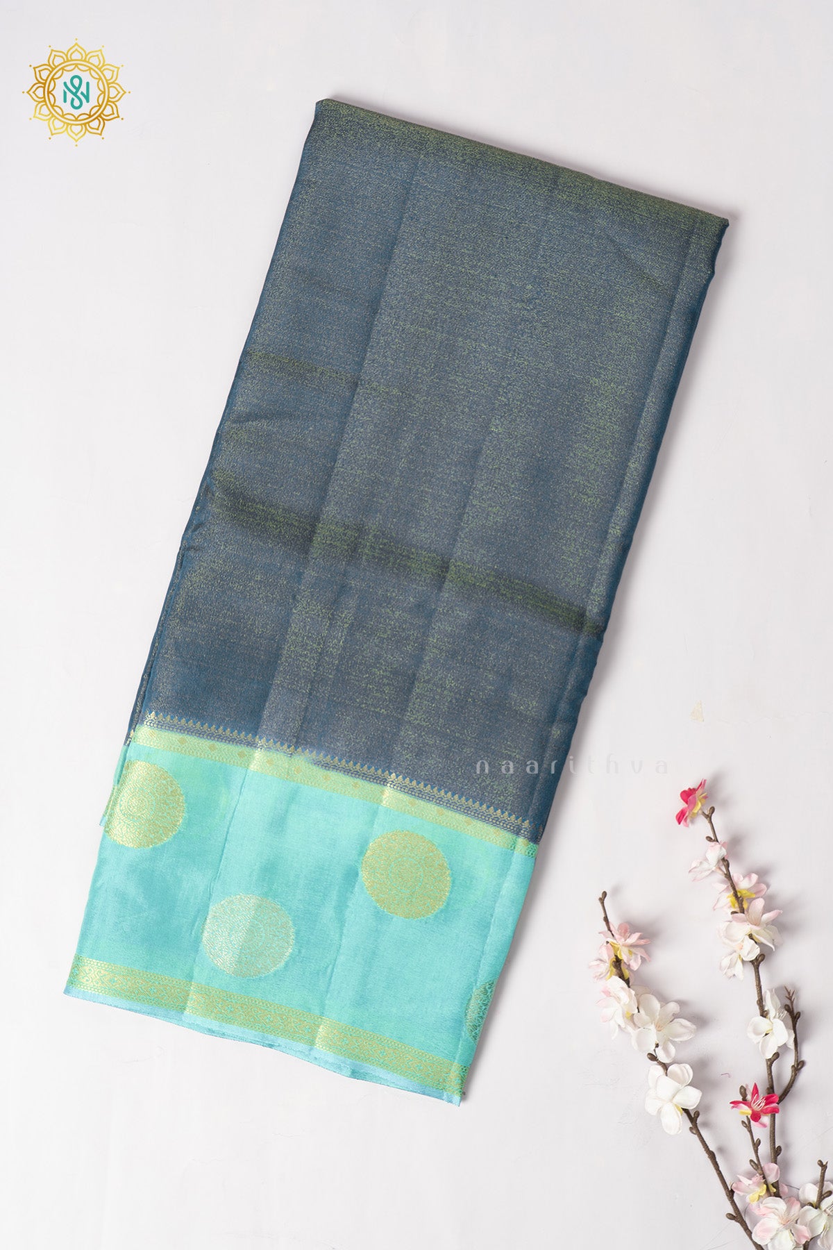 Teal Blue with Aqua Green Semi Crepe Silk Saree with Tissue Body and Zari Gap Border, Pallu